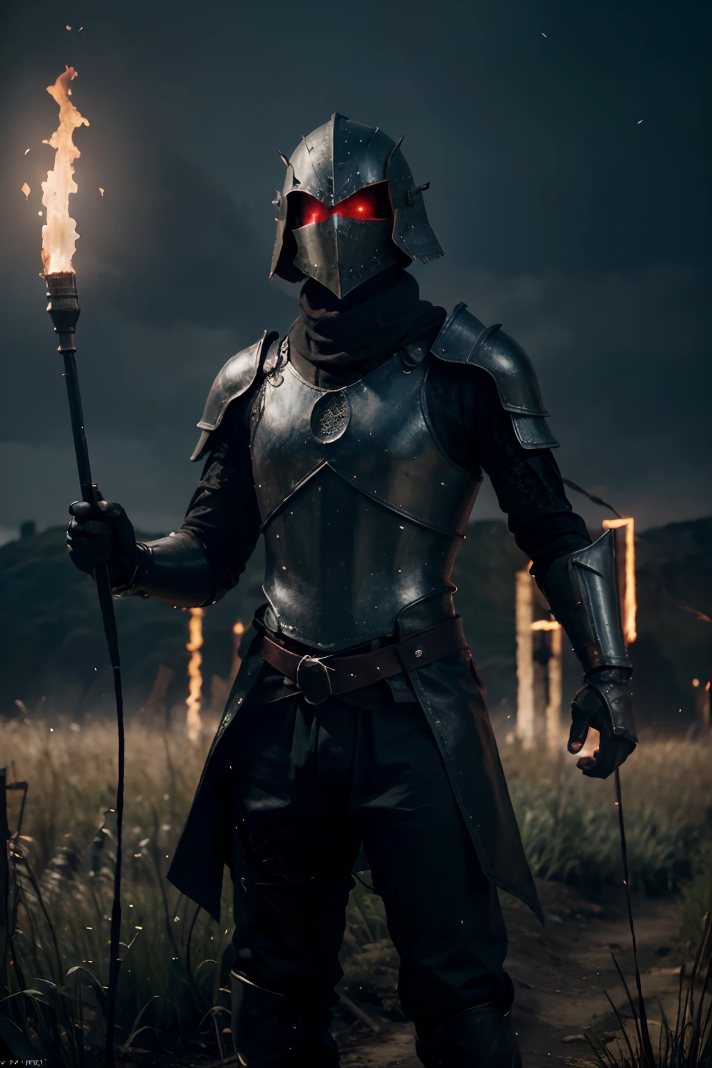 (knight, (wearing a dark souls style armor, leather mask), (red eyes, laser eyes, red laser eyes, neon) ((rising left fist to the sky, Arm with fire、Water arm、Grass arm、The arm elements of electricity are distributed in various directions), magic wand in right hand)), (Best quality, 8k, 32k, Masterpiece, UHD:1.2), (detailed armor, fine texture, high quality texture, high details, extremely detailed, extreme detailed, highest detailed, ultra detailed), blurry background, dark fantasy
