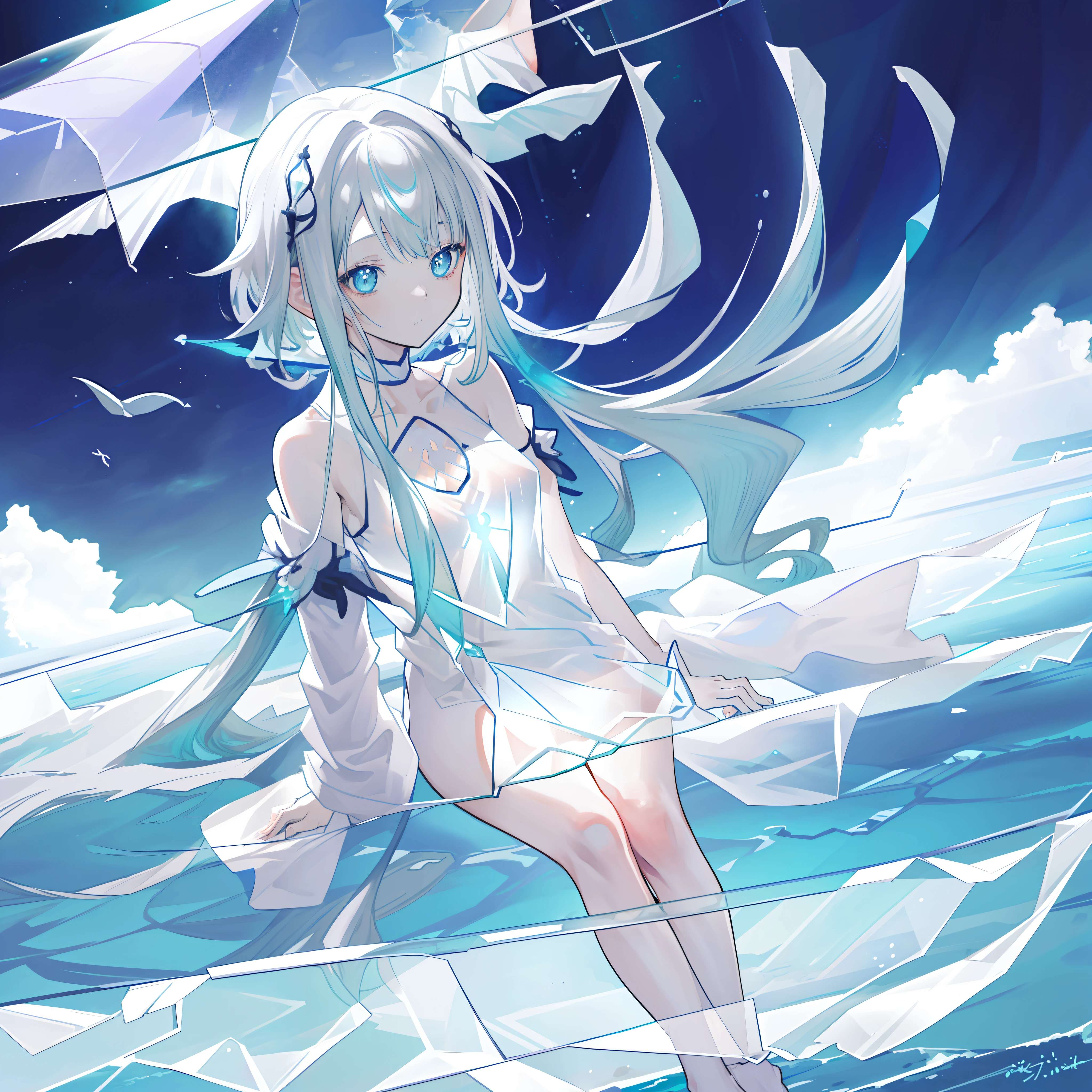 (((A close up view: 1.3))) of an anime girl, (((sitting in an endless view of an (ocean:1.4)))), cinematic light, slim body with curves, skin is perfectly white, soft, (medium breasts), smooth, ((no nsfw)), Extremely delicate and beautiful CG illustration, best quality, high resolution, dynamic angle, full-length lens, (1 girl), floating, soft light, high-key lighting), glowing light, blue energy, feathers fluttering background, blue crystal, ((((wearing nothing but a white (transparent) tank top))))