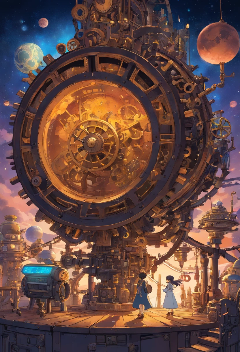 Black Universe、steampunc、brown, rusty, Lonely Floating Machine Planet、gear wheel、A planet made of machines、No people