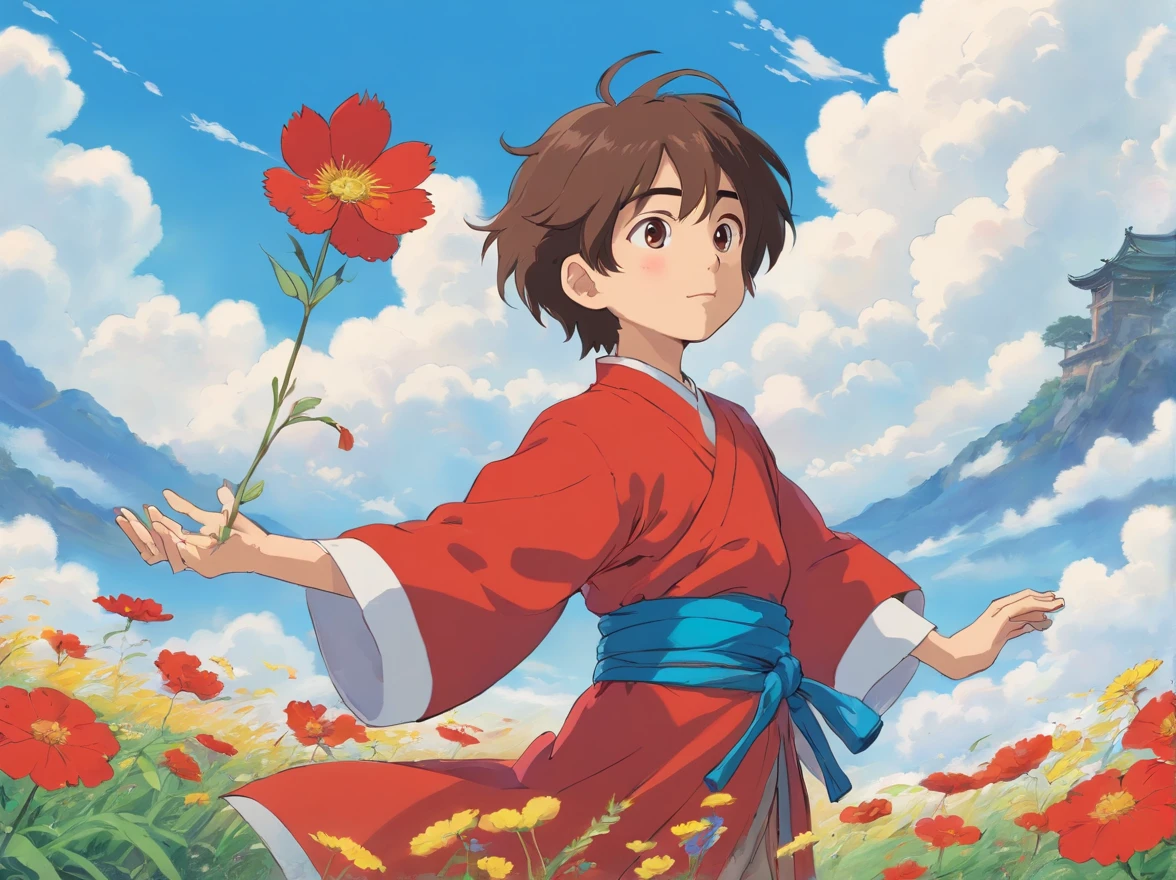 Blue sky and white clouds on the field，Many people cheered around the young red Zhuang costume boy，Clap your palms。The boy stands in the center，It's nice to hold a flower cannon。Positive perspective