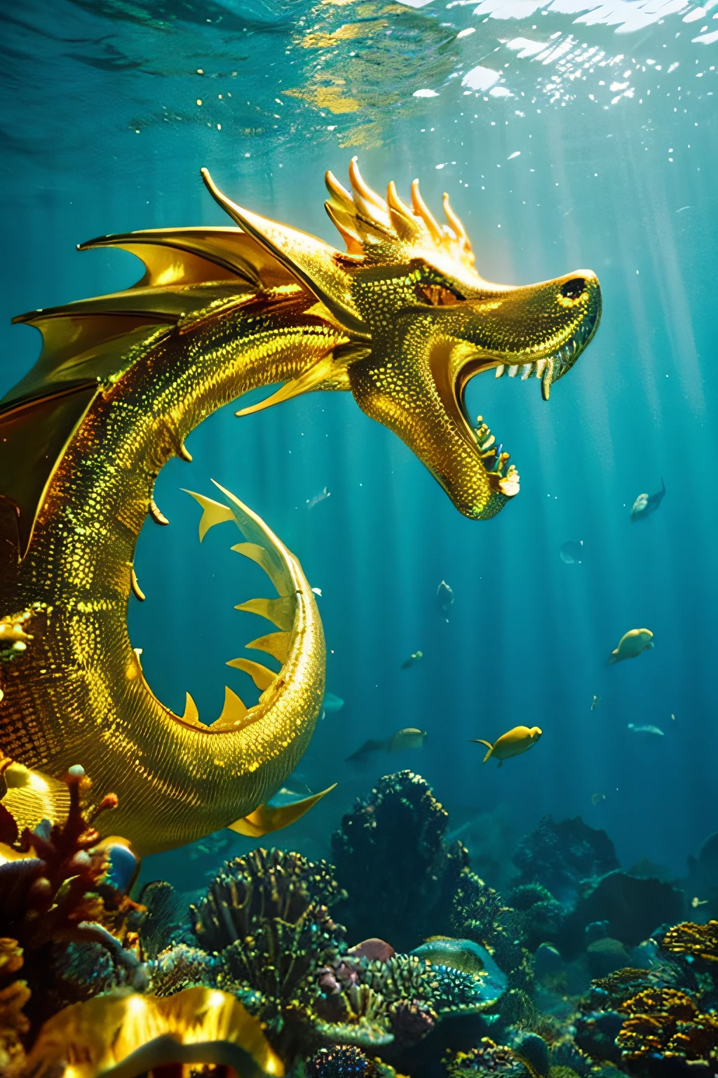 A golden dragon swims in the sea, Cinematic Light、Underwater ruins、Precise sense of scale