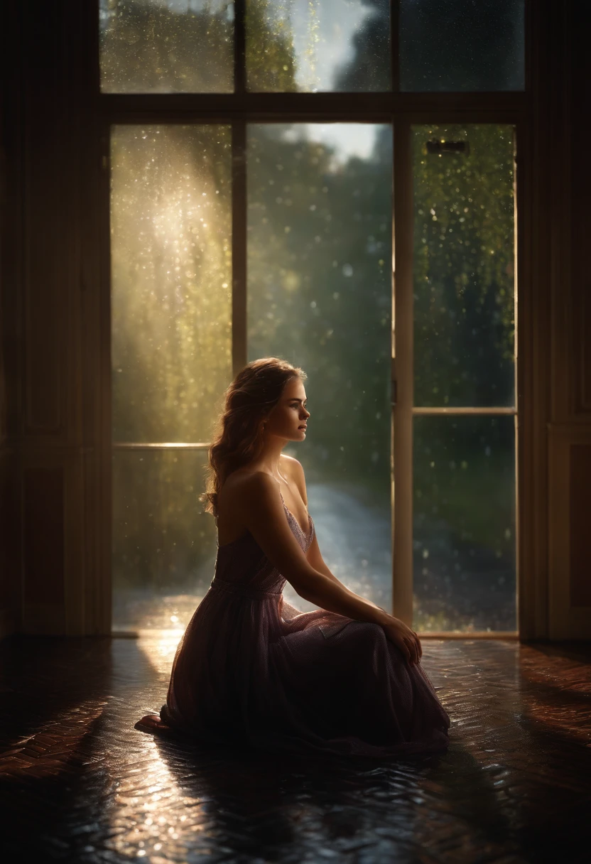 (Extremely detailed Cg Unity 8K wallpaper), Beautiful young woman in the rain, dress, Sitting, full_Body_Shot, Dramatic, The light from the back window is backlighted, Light rays, voluminetric lighting, Detailed face, Highly detailed,