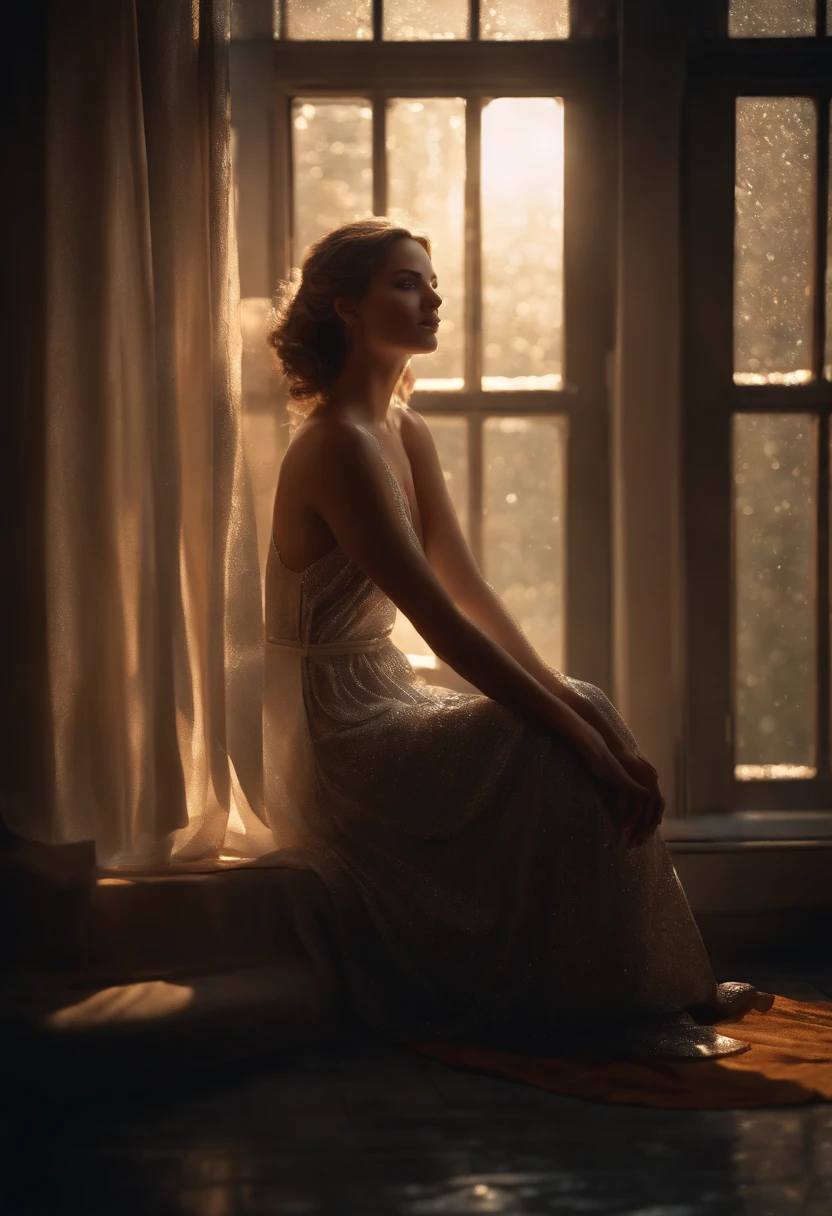 (Extremely detailed Cg Unity 8K wallpaper), Beautiful young woman in the rain, dress, Sitting, full_Body_Shot, Dramatic, The light from the back window is backlighted, Light rays, voluminetric lighting, Detailed face, Highly detailed,
