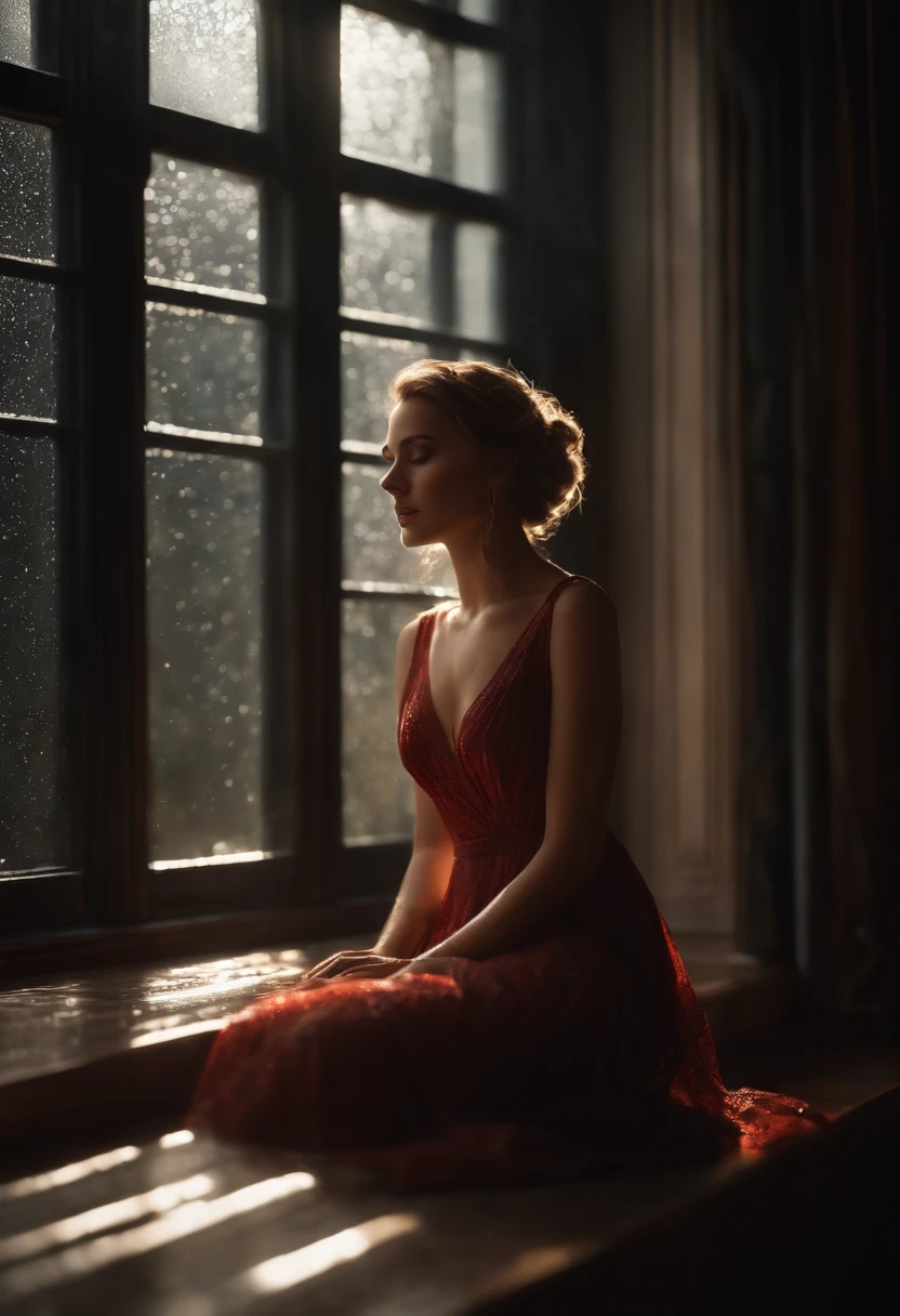 (Extremely detailed Cg Unity 8K wallpaper), Beautiful young woman in the rain, dress, Sitting, full_Body_Shot, Dramatic, The light from the back window is backlighted, Light rays, voluminetric lighting, Detailed face, Highly detailed,