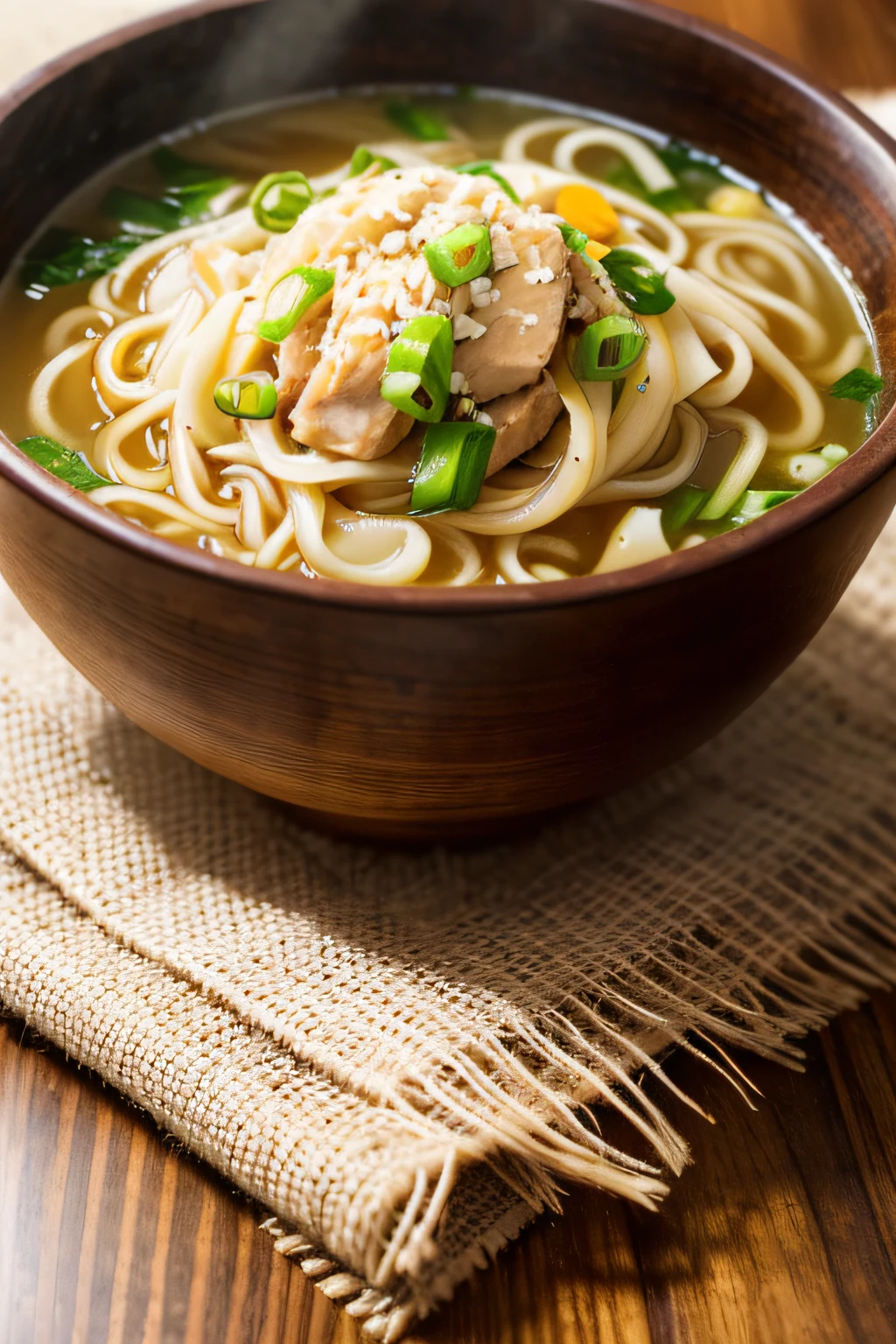 On a simple wooden table，A bowl of steaming noodles was placed。This bowl of noodles is a homemade taste，The soup is delicious，The noodles are elastic，It exudes a faint wheat fragrance。The bowl is served with green chopped green onions and a few thinly sliced slices of meat，They look particularly attractive when illuminated。