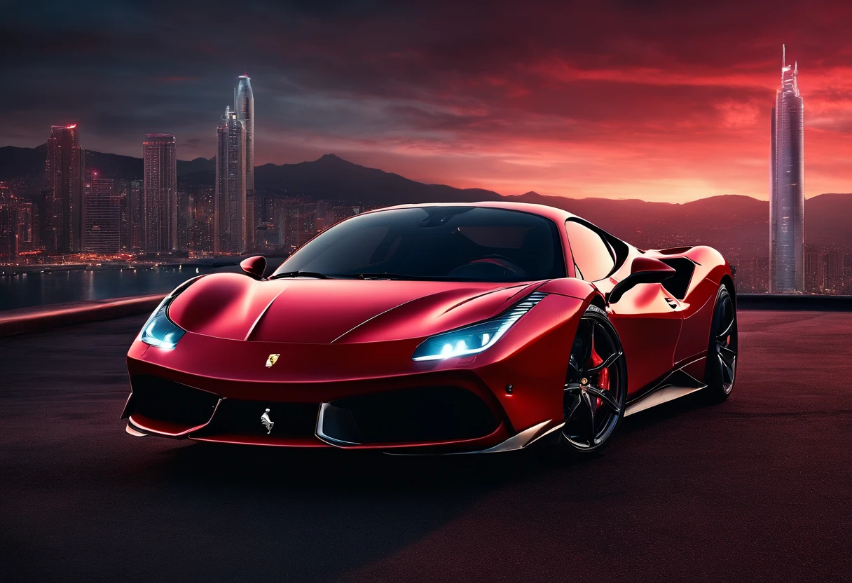 (Best quality, 8k, Masterpiece :1.2), hyper realistic, cyberpunk, at a mountain, an detailed red Ferrari 488, skyscrapers in the background, at night