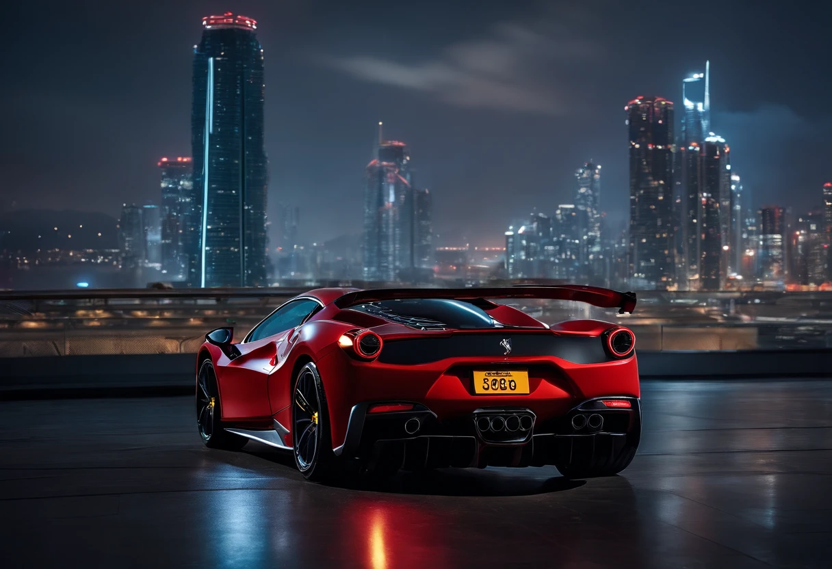 (Best quality, 8k, Masterpiece :1.2), hyper realistic, cyberpunk, at a mountain, an detailed red Ferrari 488, skyscrapers in the background, at night