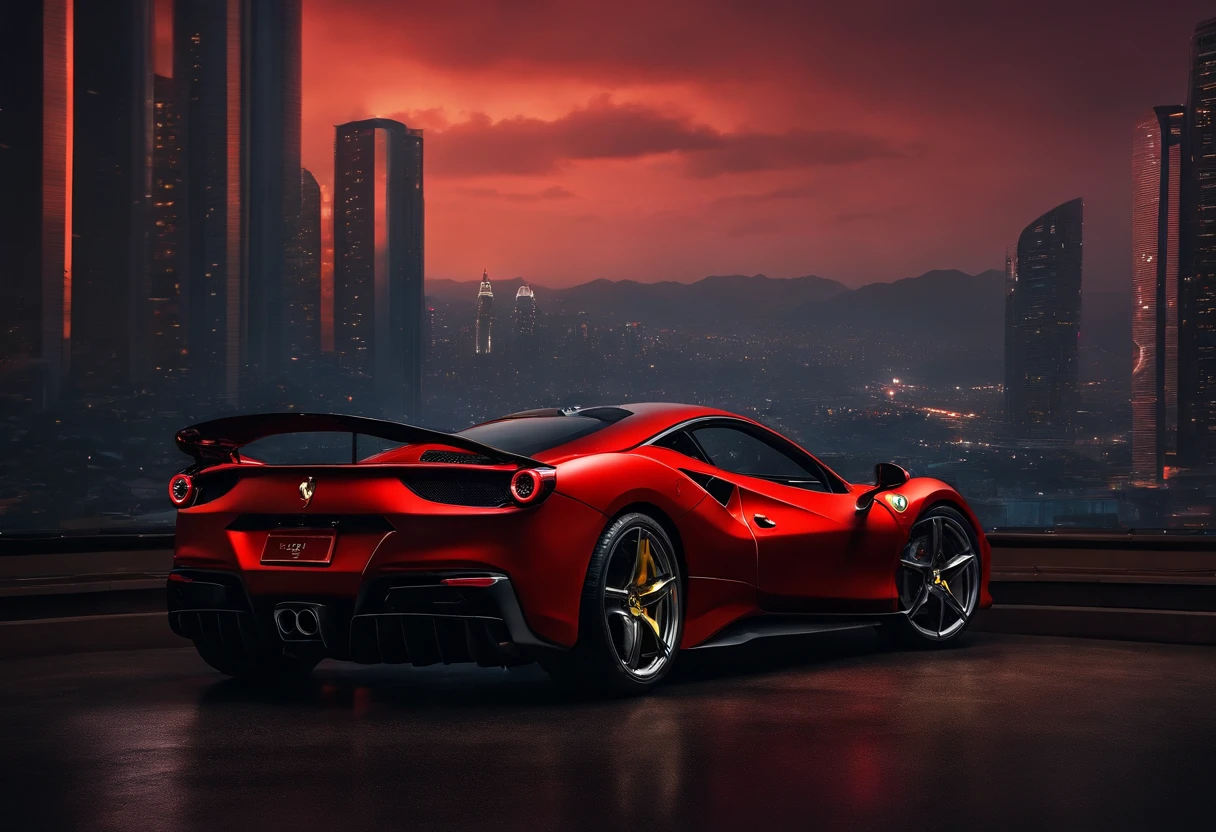 (Best quality, 8k, Masterpiece :1.2), hyper realistic, cyberpunk, at a mountain, an detailed red Ferrari 488, skyscrapers in the background, at night