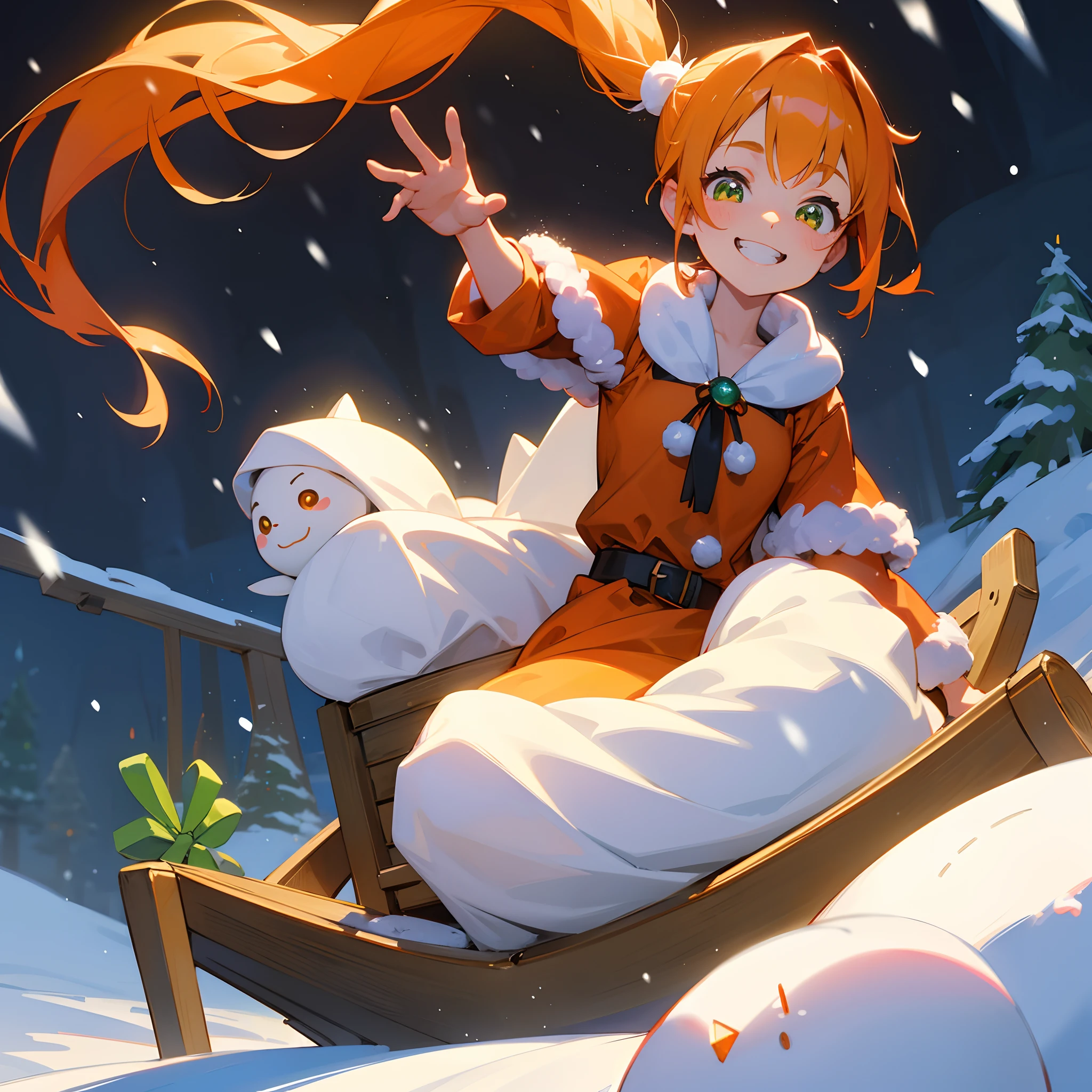 1 beautiful woman、kawaii、Beautiful fece、The upper part of the body、Orange hair,Glowing green eyes,Side Ponytail、Looking at this、The best smile、grin、santa claus、Have a gift、It's snowing、Snowflake、Riding a sled、Lots of snowmen、Christmas tree