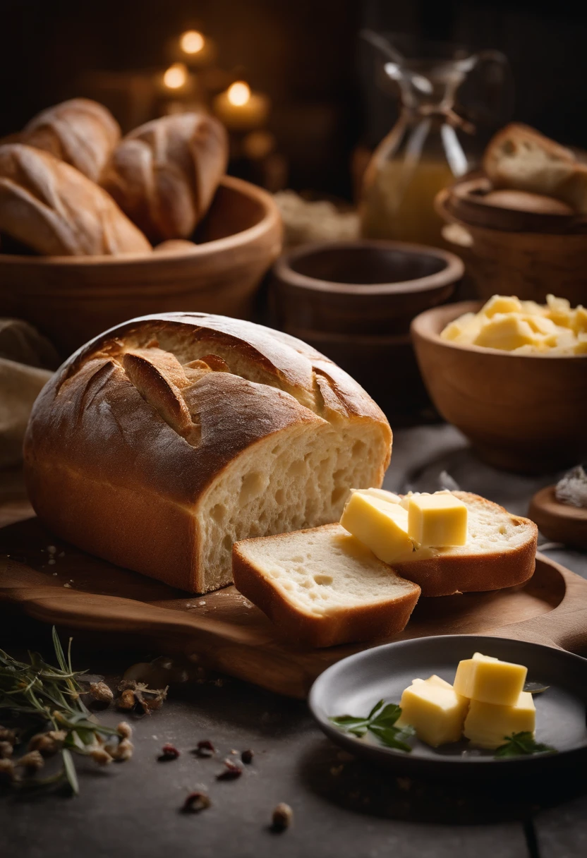 There was a bowl of butter and bread on the table, high quality food photography, styled food photography, food styling, professional food photography, close up food photography, Food photography, Ingredients on the table, food commercial 4 k, foodphoto, baking french baguette, breads, breads, hd food photography, 4 k food photography, 4K food photography, breads