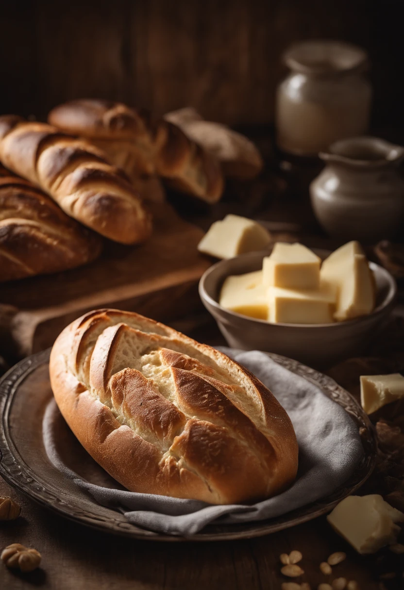 There was a bowl of butter and bread on the table, high quality food photography, styled food photography, food styling, professional food photography, close up food photography, Food photography, Ingredients on the table, food commercial 4 k, foodphoto, baking french baguette, breads, breads, hd food photography, 4 k food photography, 4K food photography, breads