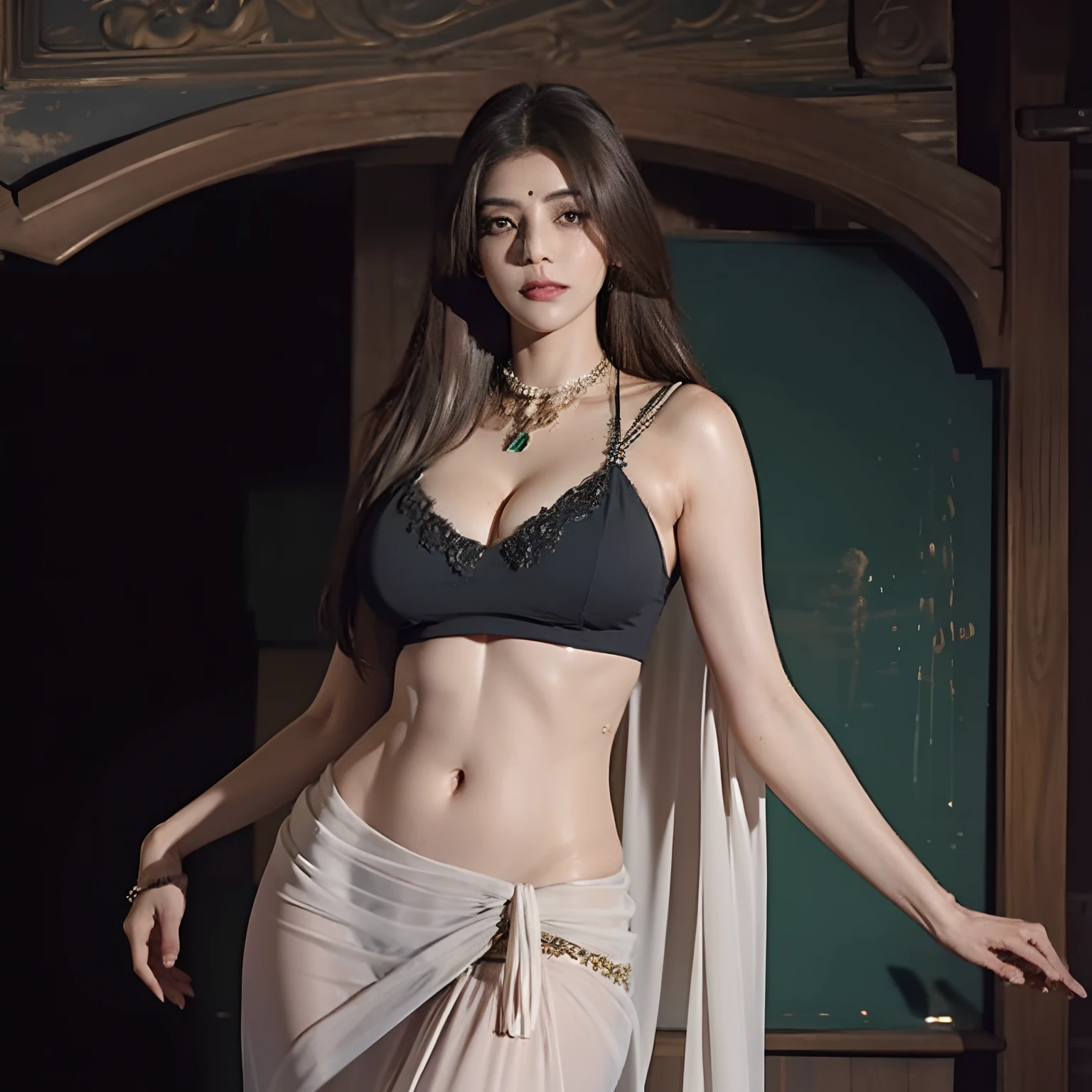 indian feamle teacher, in her late 40s, gigantic boobs, see through saree, navel show, deep cleavage show, no jwellery, standing in front of blackboard, super realistic, 4k, hig resolution