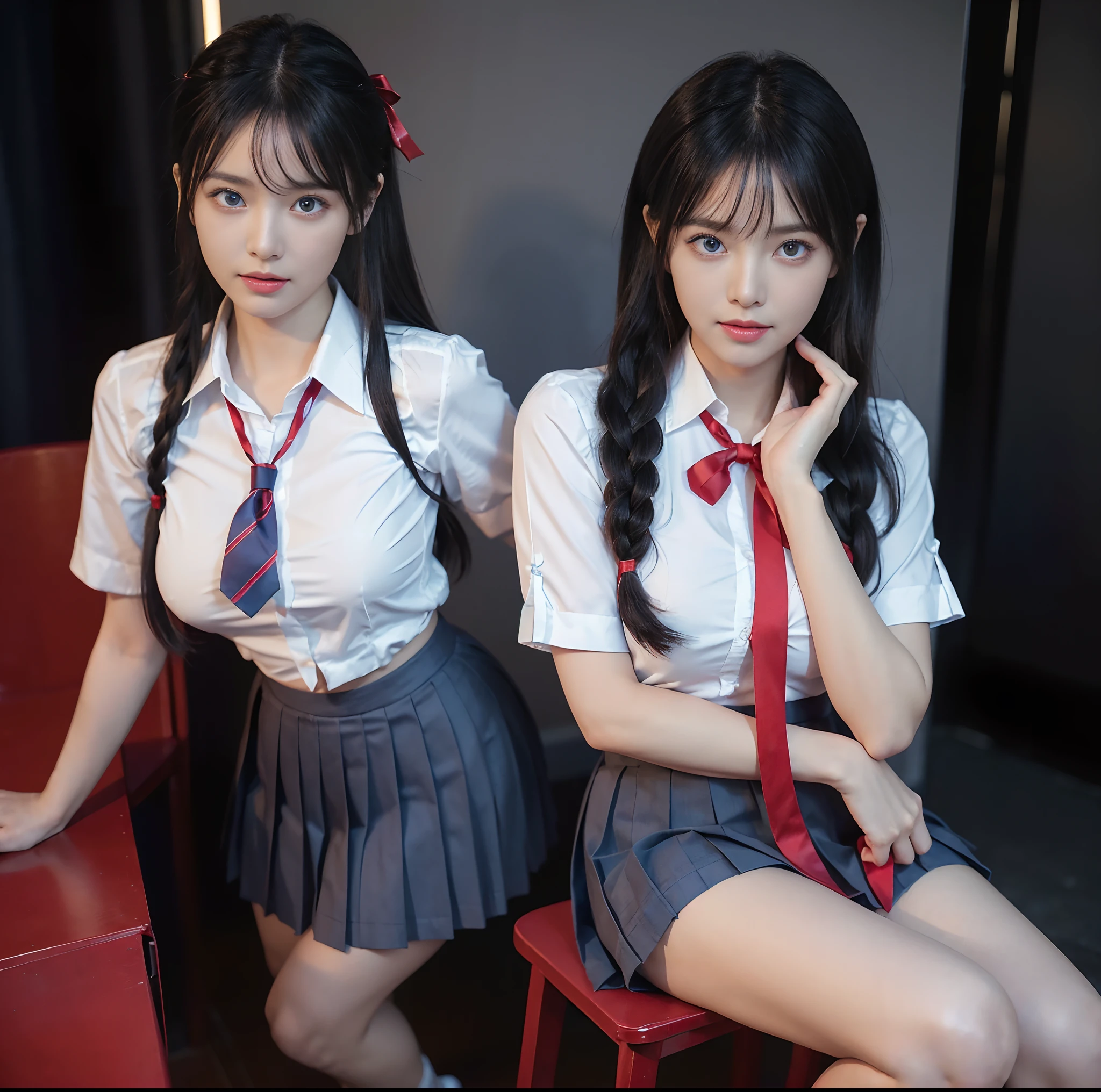 (Top Quality, Masterpiece), (Raw Photo: 1.2), (Photorealistic: 1.4), Best Quality, Master, Very Beautiful, Highly Detailed CG, 8k Wallpaper, Amazing Fine Details, Master Masterpiece, Official Art, Huge File Size, High Resolution, (Two Girls Kiss)), (One Front One Faces Each Other With Their Backs Turned),( snugly next to each other without separation between characters), (there is no break in one piece), Japan under 18, Nogizaka girl, (representation of the human body based on precise anatomy), Japan schoolgirl uniform, (neat white plain blouse of smooth sheer fabric with ribbon tie), (ultra mini navy blue tartan check pleated skirt), ( Everyone is wearing the same clothes), (tightly dressed), (less revealing upper body), (white panties), (fastening all buttons of the blouse)), blonde, (skinny), (very surprising big breasts)), ((cramped clothes)), (no bra), (only the area shows through the skin tone)), (black areolas), (small tingles), (big buttocks), ( thin thighs), (large eyes), very beautiful eyes, bright ultramarine eyes, (detailed pupils reflecting light), (the iris of the eye is painted in detail with a fine radial pattern), (the whites of the eyes are slightly darker), (the upper 30% of the eyes are shadowed), double eye lids, (eyes and mouth half-open and sleepless expression), no makeup, (nose very low and wide), natural eyebrows, Realistic shading assuming light source, cute girl and beauty, (whitening skin), baby face, smile, long hair half braid, cheeks sticking together, arms crossed like lovers, frame-in from thighs up, beautiful garden with flowers, dark cloudy sky,