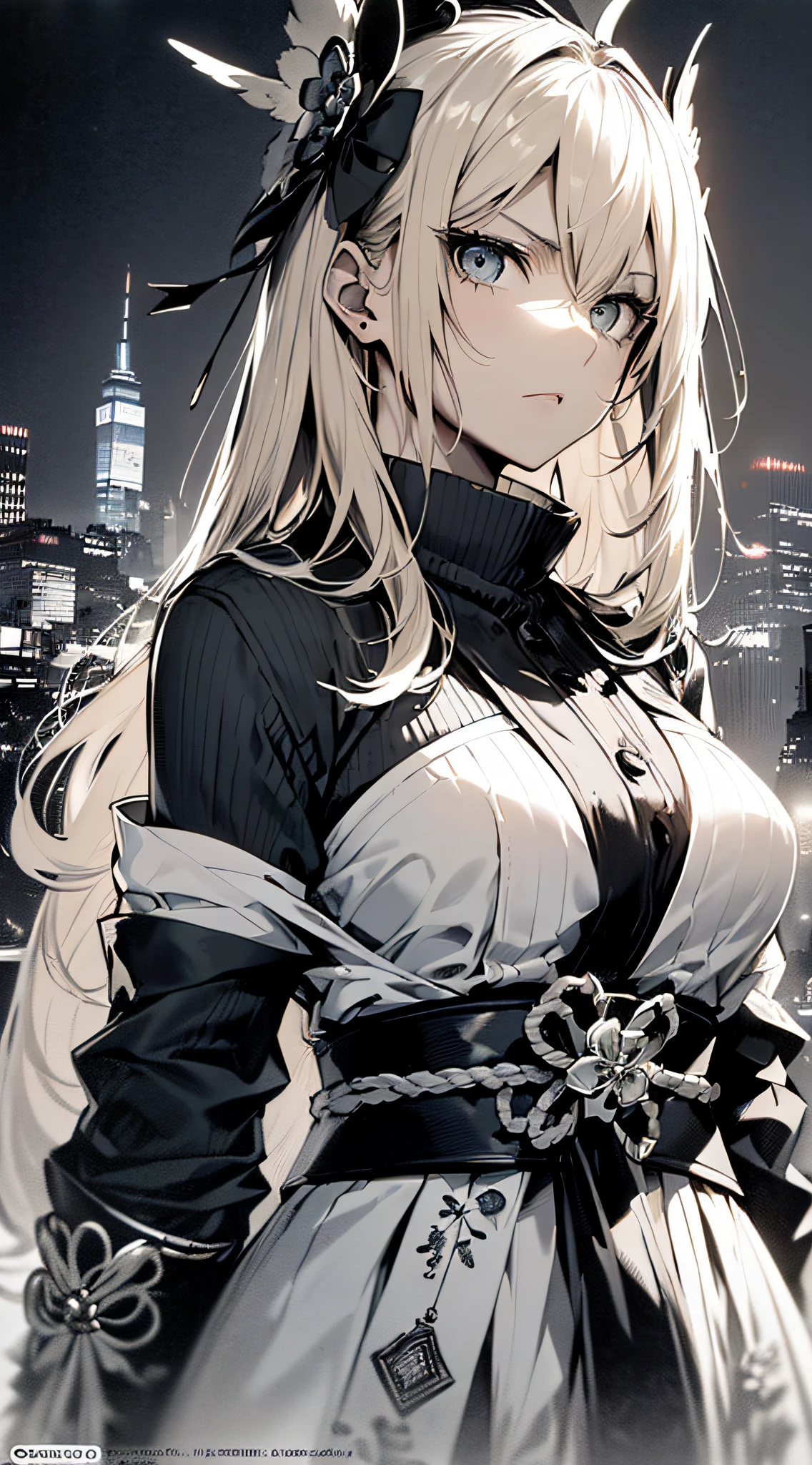 top-quality、Top image quality、​masterpiece、girl with((cute little、18year old、Best Bust、Medium bust、Bust 85,Beautiful blue eyes、Breasts wide open,Blonde long hair、A slender、Black Samurai Costume、Serious face,On the waist２Japan sword of the book、Fluttering hair、black and white color scheme)）hiquality、Beautiful Art、Background with((Black and white world、New York City)),masutepiece、Elaborate design、visualart、depth of fields、The best lighting、highestdetailed、8ｋ,Super delicate、A short distance away、Art of Kurosawa World