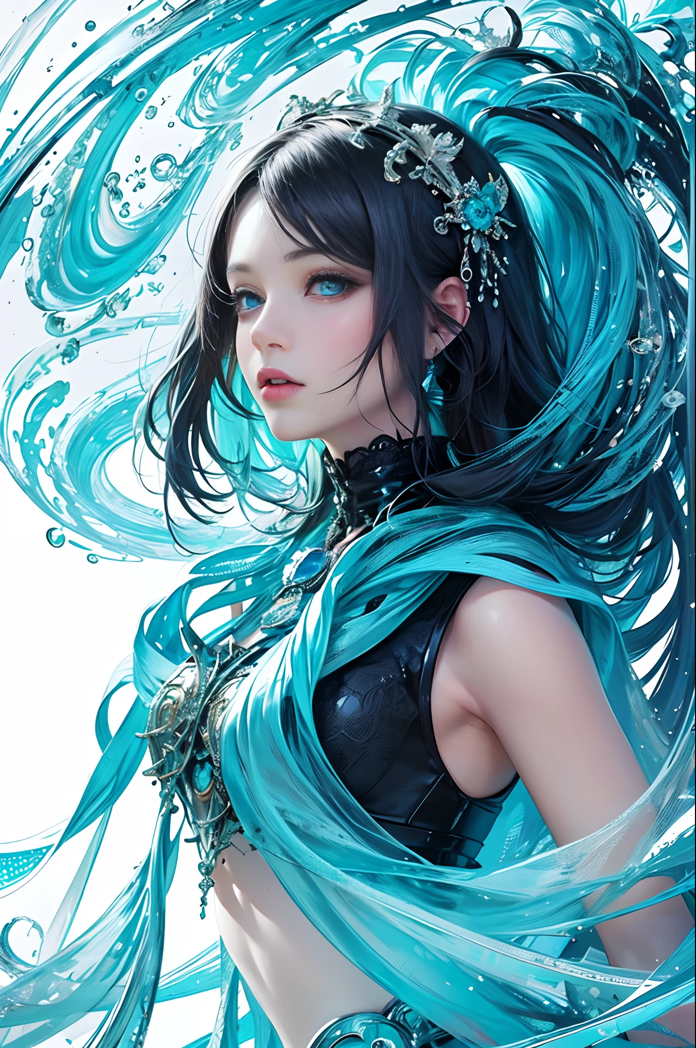 A close up of a woman with blue hair and a blue dress - SeaArt AI