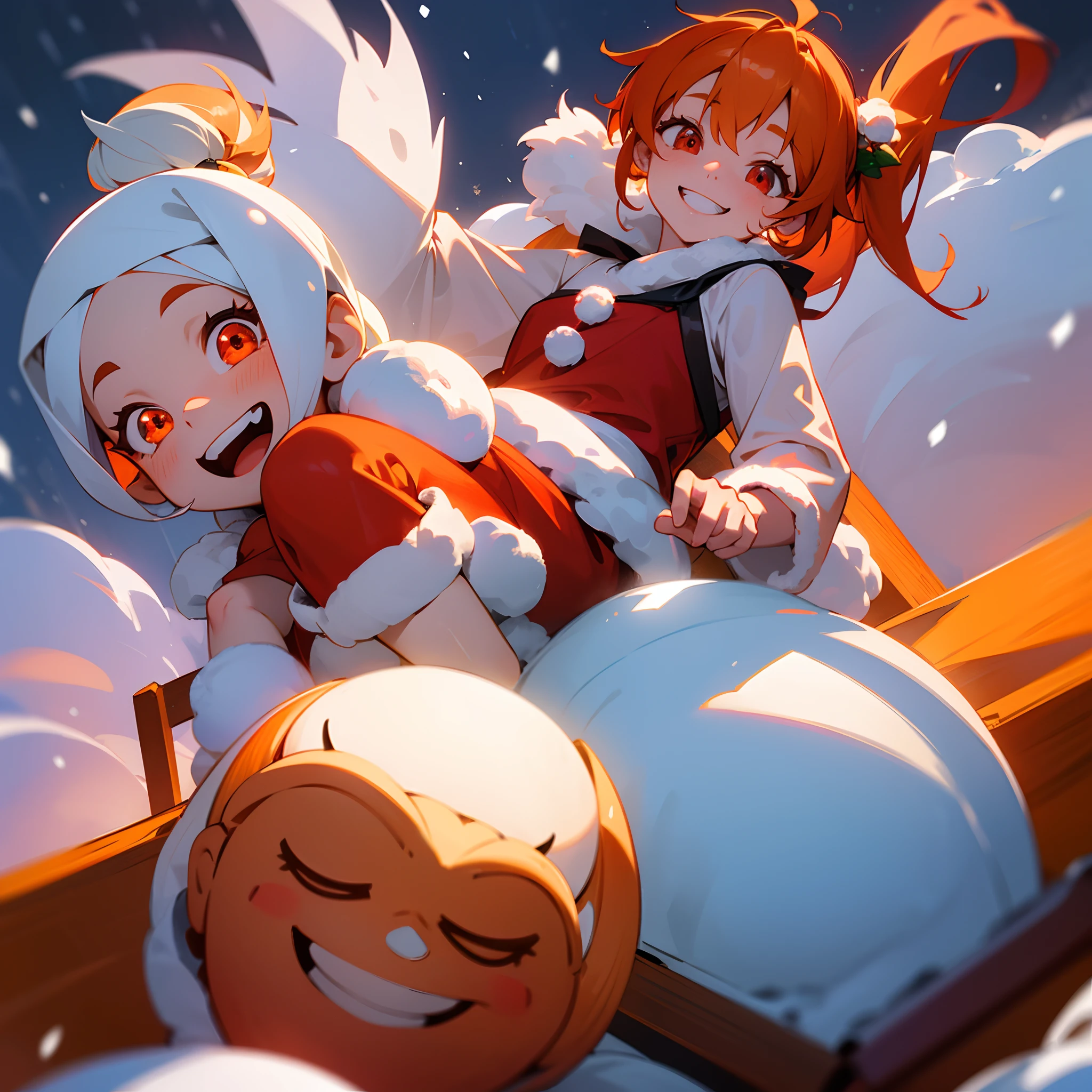 1 beautiful woman、kawaii、Beautiful fece、The upper part of the body、Orange hair,Glowing red eyes,Side Ponytail、Looking at this、The best smile、grin、santa claus、Have a gift、It's snowing、Snowflake、Riding a sled、Lots of snowmen、Christmas tree