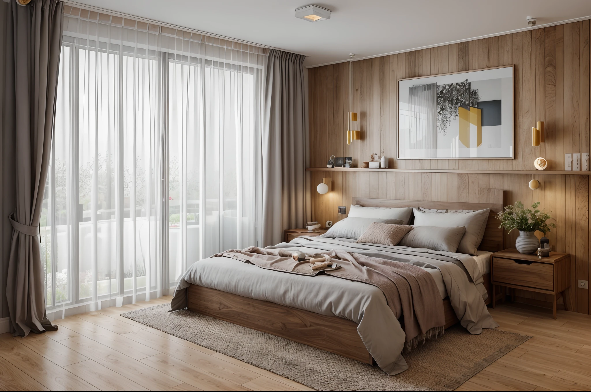 RAW photo,Masterpiece, high quality, best quality, authentic, super detail, interior, archminimalist, couch, table, rug, tv sheft, windows, curtains, daylight, archdaily architecture, (high detailed :1.2), 8k uhd, dslr, soft lighting, high quality, film grain, Fujifilm XT3, modern bedroom design, flat plaster ceiling, mable stone floor, orange leather bed, 1 drawer, 1 dressing table, wall behind the bed decorated with stone tiles combined with walnut wood paneling and metal thread yellow, white and gray double-layer curtains