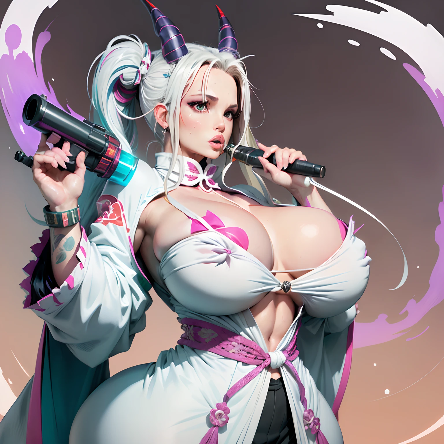 retrato (Solitario (Britney Spears) 1girls big breasts bigger than female head female focus single object holding weapon horns huge breasts japanese clothing white kimono big breasts massive breasts multicolored hair oni oni horns overflowing breasts sideboob solo solo female solo teal focus top heavy hair two tone white hair gun