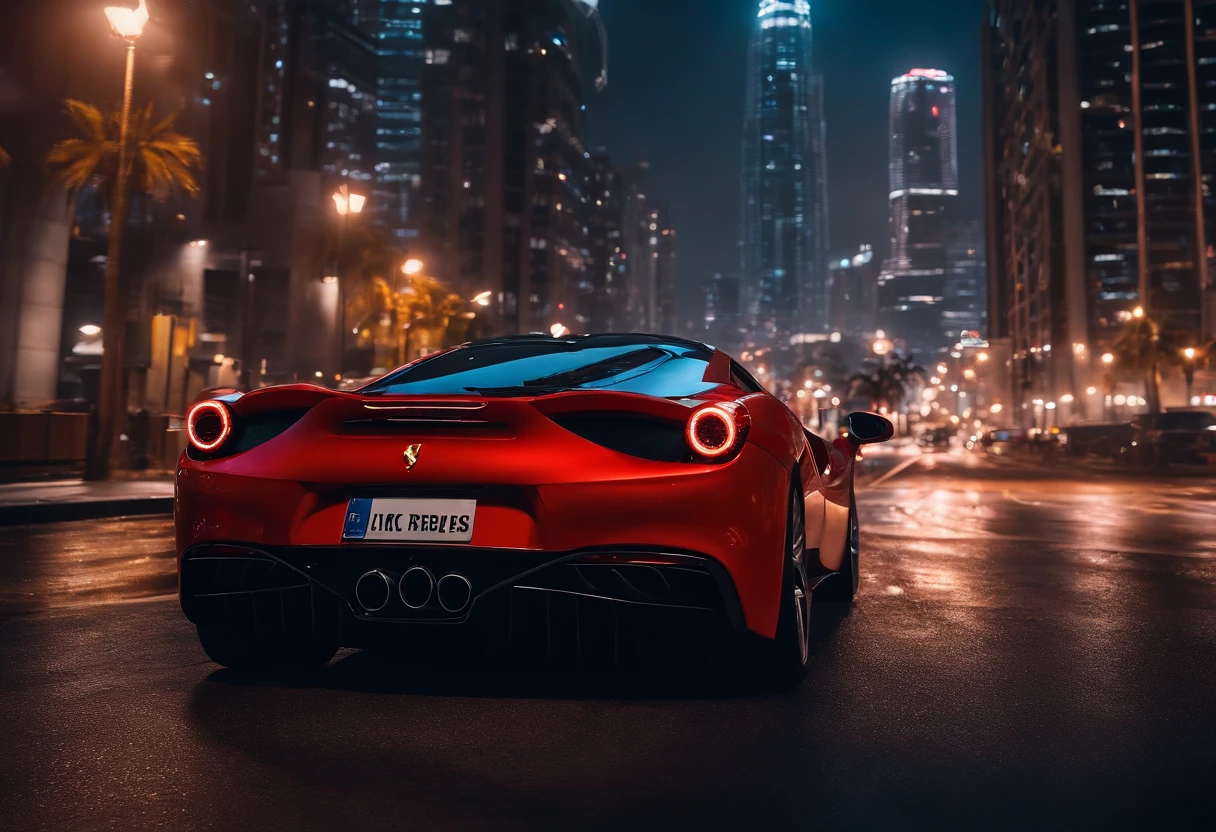 (Best quality, 8k, Masterpiece :1.2), hyper realistic, cyberpunk, at a mountain, an detailed red Ferrari 488, skyscrapers in the background, at night, The front of the car is facing the audience,