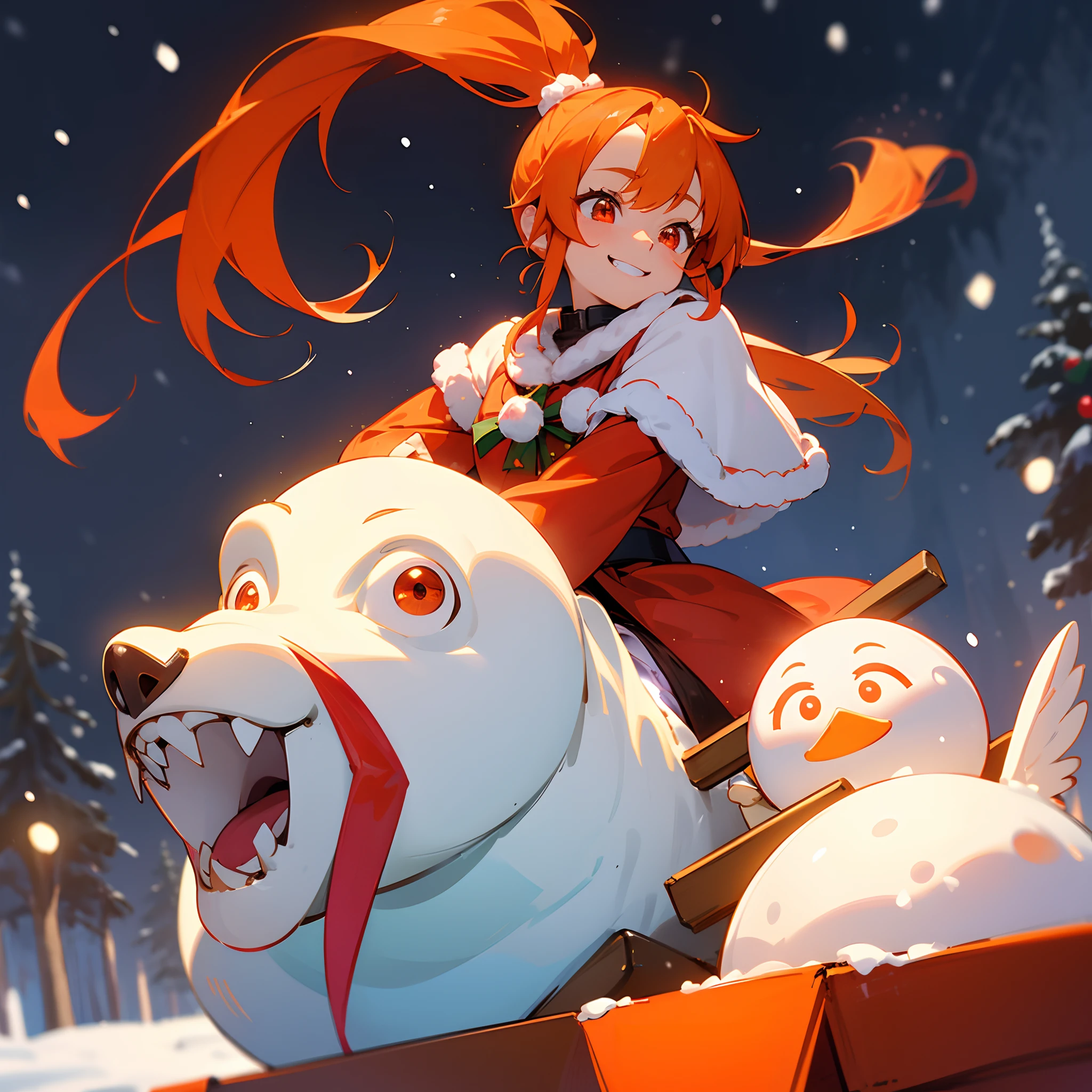 1 beautiful woman、kawaii、Beautiful fece、The upper part of the body、Orange hair,Glowing red eyes,Side Ponytail、Looking at this、The best smile、grin、santa claus、Have a gift、It's snowing、Snowflake、Riding a sled、Lots of snowmen、Christmas tree