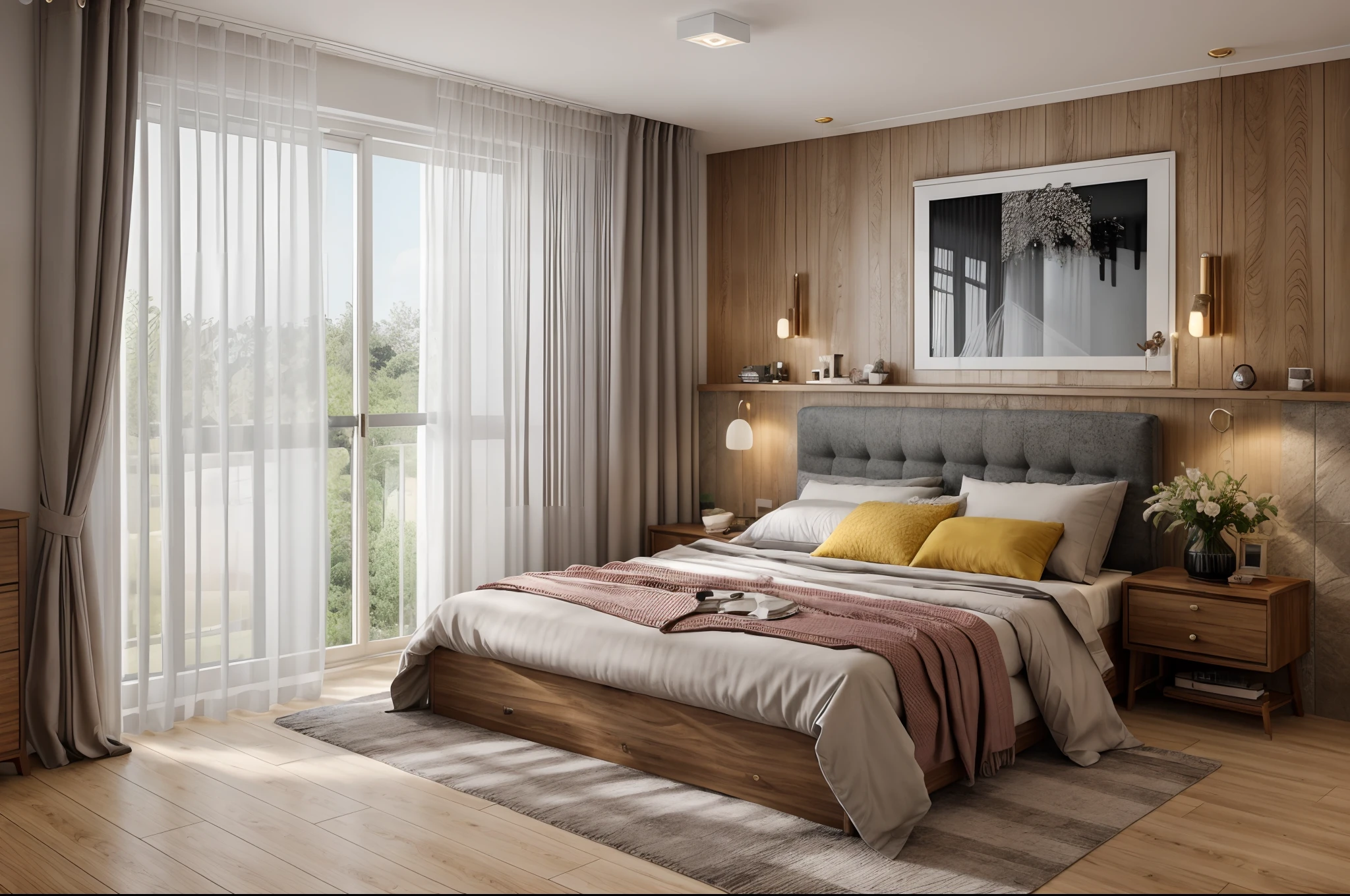 RAW photo,Masterpiece, high quality, best quality, authentic, super detail, interior, archminimalist, couch, table, rug, tv sheft, windows, curtains, daylight, archdaily architecture, (high detailed :1.2), 8k uhd, dslr, soft lighting, high quality, film grain, Fujifilm XT3, modern bedroom design, flat plaster ceiling, mable stone floor, orange leather bed, 1 drawer, 1 dressing table, wall behind the bed decorated with stone tiles combined with walnut wood paneling and metal thread yellow, white and gray double-layer curtains