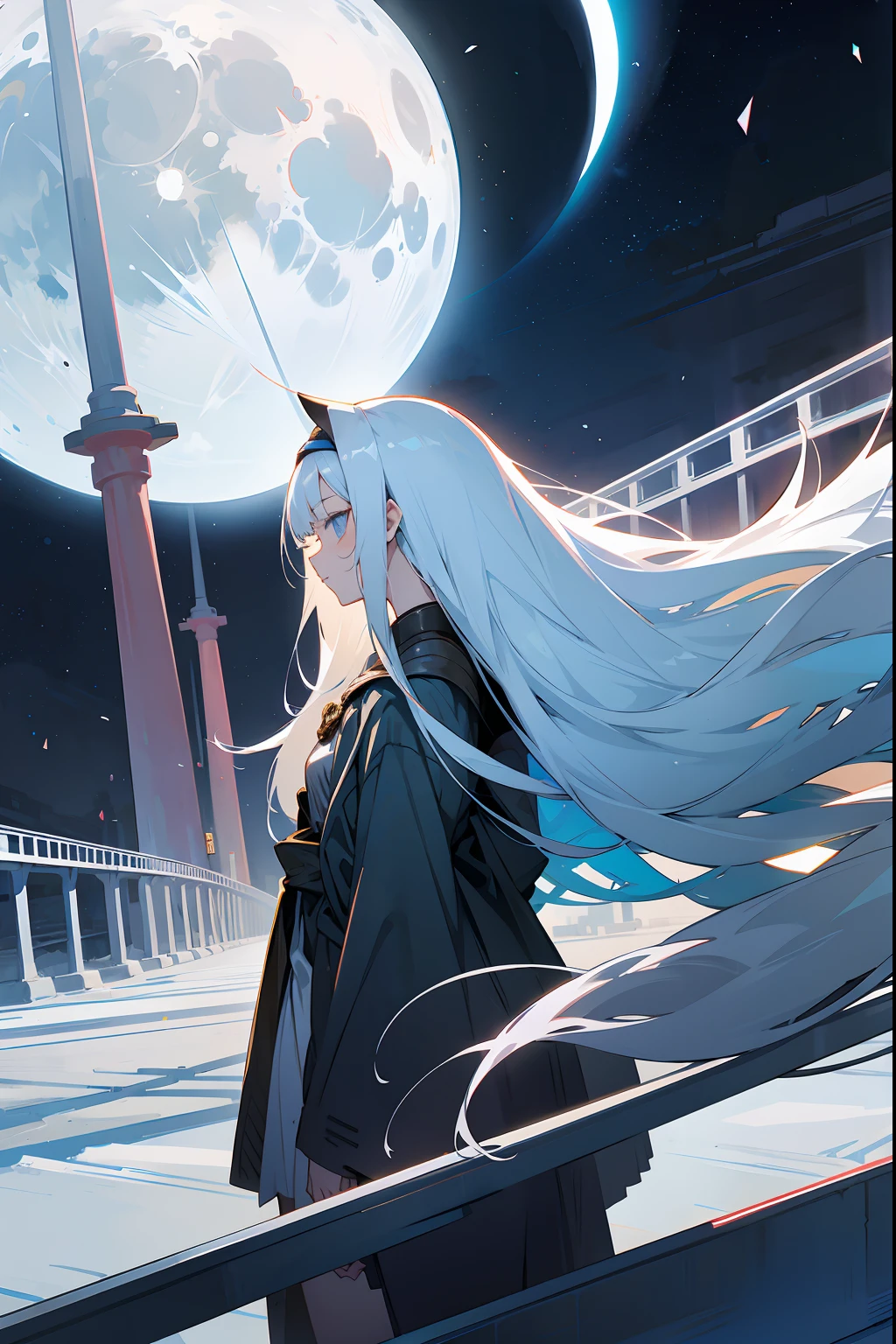 Moon surface, metal bridge, anime girl with white long developing hair looking at the bridge