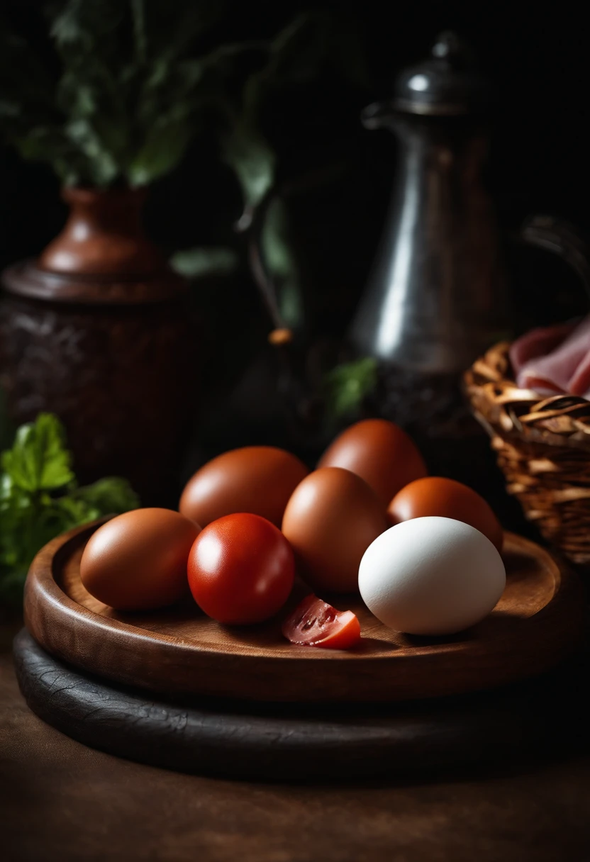 There are eggs on the table,grapes,tomato,There is ham on the cutting board,Verdure,There are also seasoning bottles on the table,Still life photography,Dark tone photography,professional food photography,Abundant food