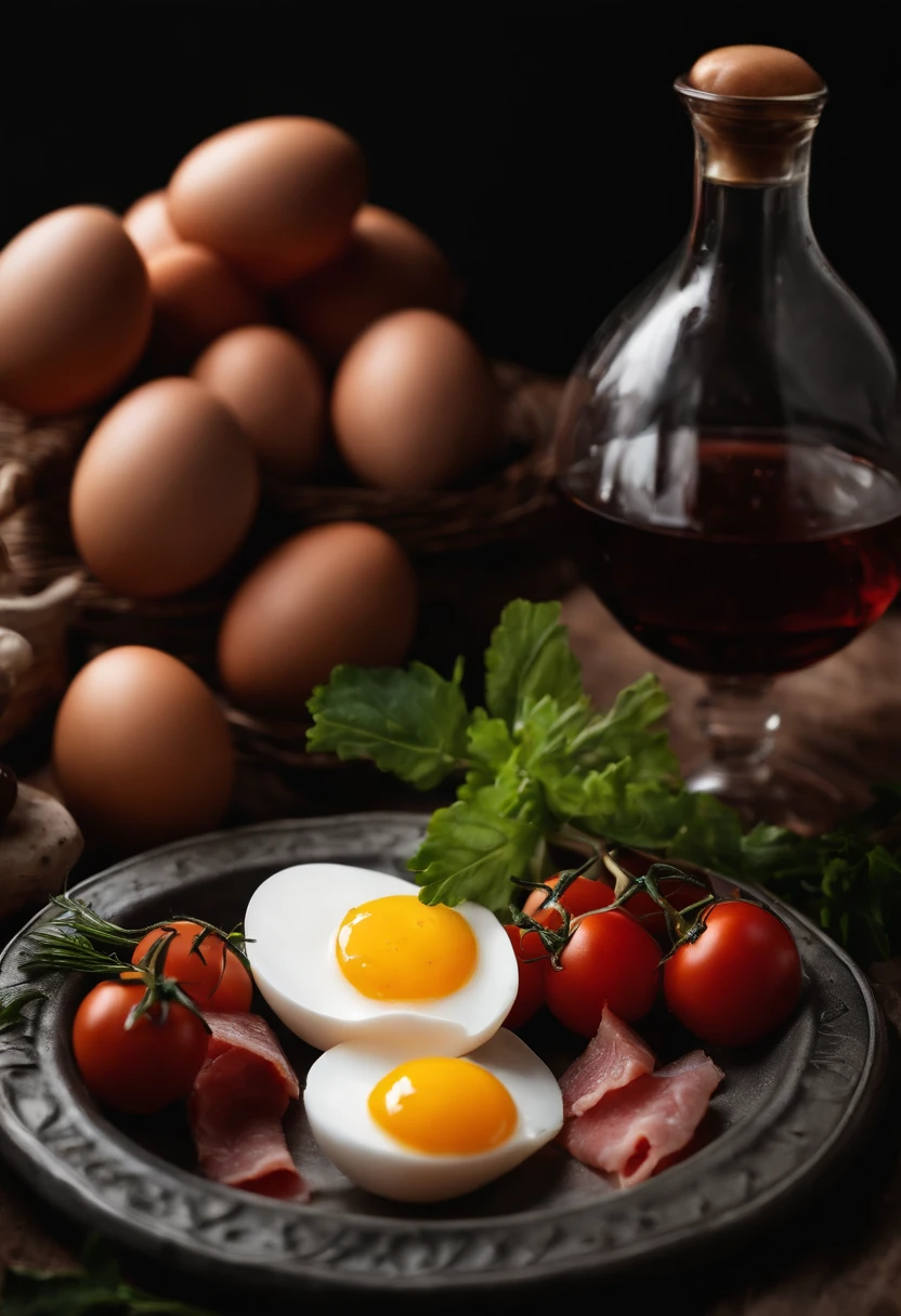 There are eggs on the table,grapes,tomato,There is ham on the cutting board,Verdure,There are also seasoning bottles on the table,Still life photography,Dark tone photography,professional food photography,Abundant food