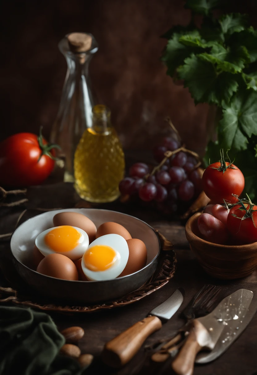 There are eggs on the table,grapes,tomato,There is ham on the cutting board,Verdure,There are also seasoning bottles on the table,Still life photography,Dark tone photography,professional food photography,Abundant food