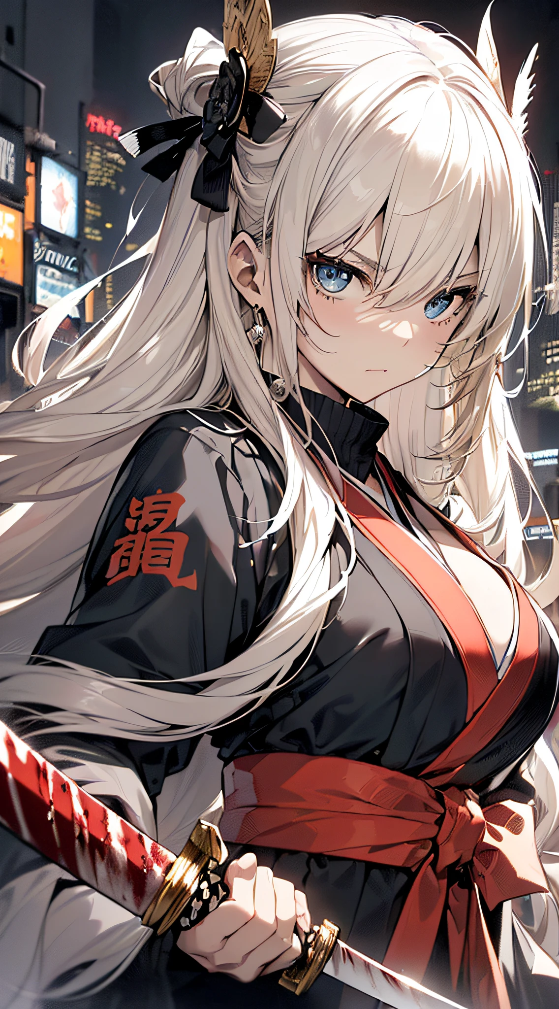 top-quality、Top image quality、​masterpiece、girl with((cute little、18year old、Best Bust、Medium bust、Bust 85,Beautiful blue eyes、Breasts wide open,Blonde long hair、A slender、Black Samurai Costume、Serious face,Holding a Japan sword with both hands、Fluttering hair、black and white color scheme、fighting poses、Red Return Blood)）hiquality、Beautiful Art、Background with((Black and white world、New York City)),masutepiece、Elaborate design、visualart、depth of fields、The best lighting、highestdetailed、8ｋ,Super delicate、A short distance away、Art of Kurosawa World