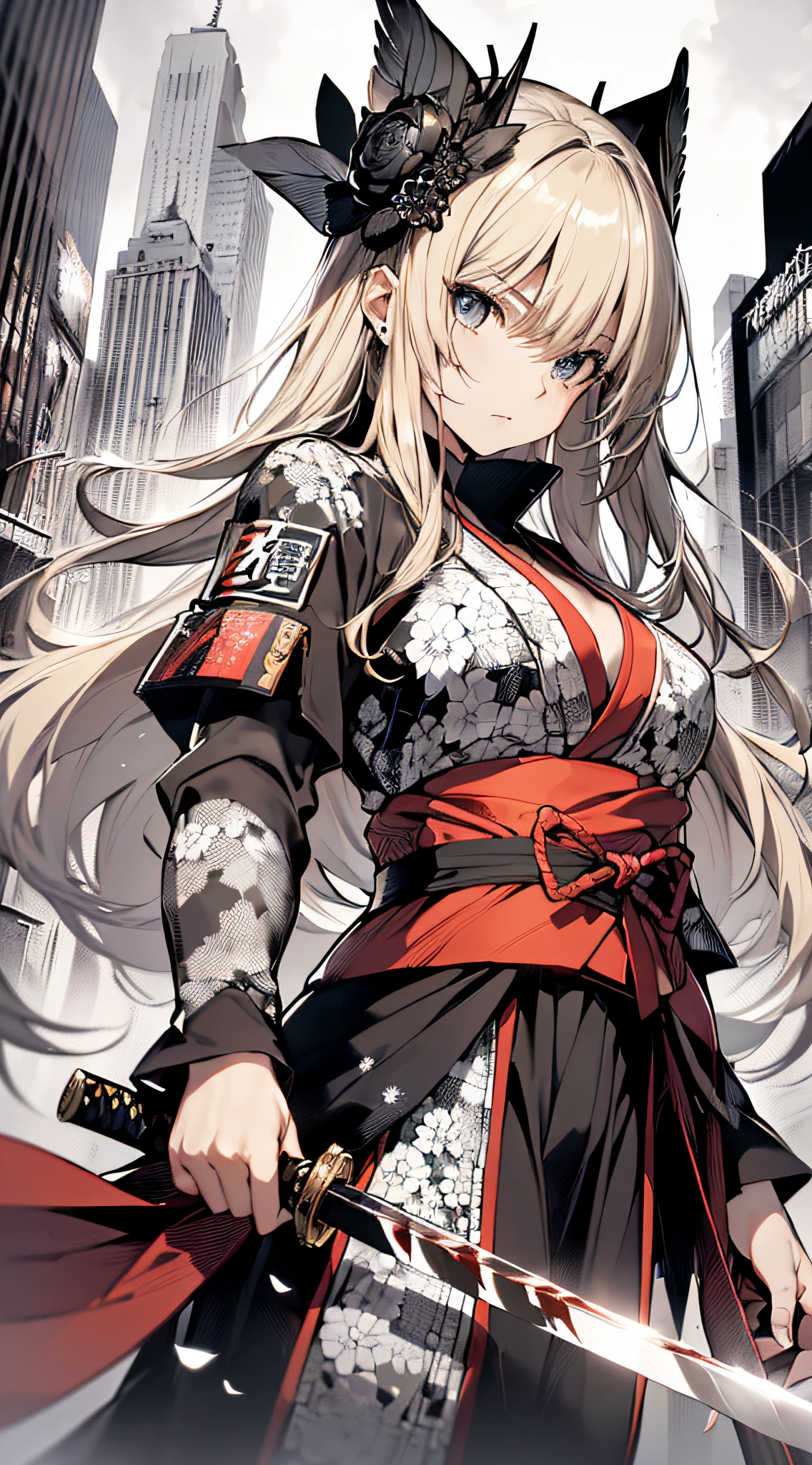 top-quality、Top image quality、masterpiece、girl with((cute little、18year old、Best Bust、Medium bust、Bust 85,Beautiful blue eyes、Breasts wide open,Blonde long hair、A slender、Black Samurai Costume、Serious face,Holding a Japan sword with both hands、Fluttering hair、black and white color scheme、fighting poses、Red Return Blood))hiquality、Beautiful Art、Background with((Black and white world、New York City)),masutepiece、Elaborate design、visualart、depth of fields、The best lighting、highestdetailed、8k,Super delicate、A short distance away、Art of Kurosawa World