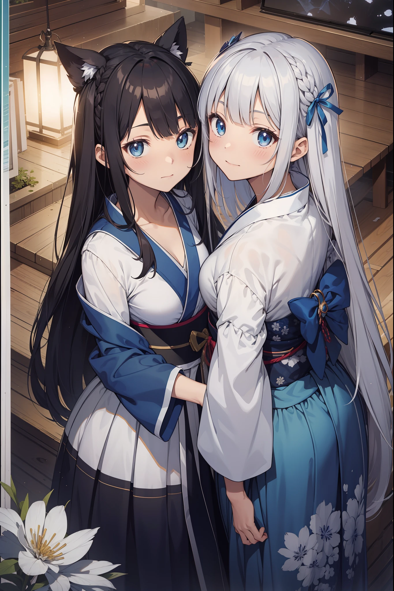 ((Best Quality, 8K, Best Masterpiece)) Anime characters with long gray hair and blue eyes, Anime visuals of young women, Today's featured anime stills, God of White Hair, official art, cute girl anime visuals, Popular isekai anime, Tsuaii, Marisa Kirigami, Anime movies, TV anime still, Isekai, Hestia, Albedo of Anime Overlord Transparency Small blue ribbon in hair Yukata Summer Festival