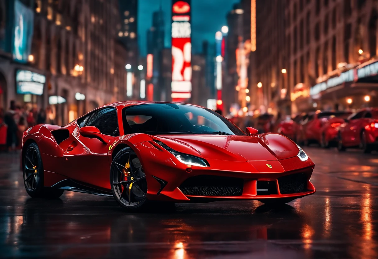 (Best quality, 8k, Masterpiece :1.2), hyper realistic, cyberpunk, at a mountain, an detailed red Ferrari 488, skyscrapers in the background, at night, ((Facing the audience)),