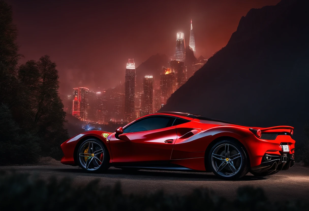 (Best quality, 8k, Masterpiece :1.2), hyper realistic, cyberpunk, at a mountain, an detailed red Ferrari 488, skyscrapers in the background, at night, ((Facing the audience)),