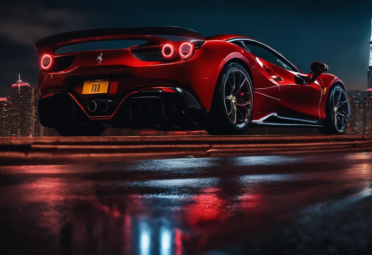 (Best quality, 8k, Masterpiece :1.2), hyper realistic, cyberpunk, at a mountain, an detailed red Ferrari 488, skyscrapers in the background, at night, ((Facing the audience)),