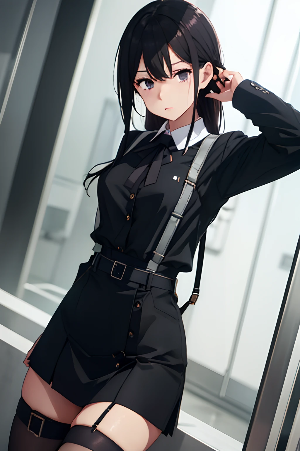 Suit,Collared shirt,Belt bag,Suspenders Black Miniskirt garterbelts knee high Stockings Black Niso Colorcon armpit sweat perspiring Side of both hands,Black jacket,Gaze,ample bosom,Armpit sweat,Exposing the armpits"Tight clothes、Cuffed、wristbands