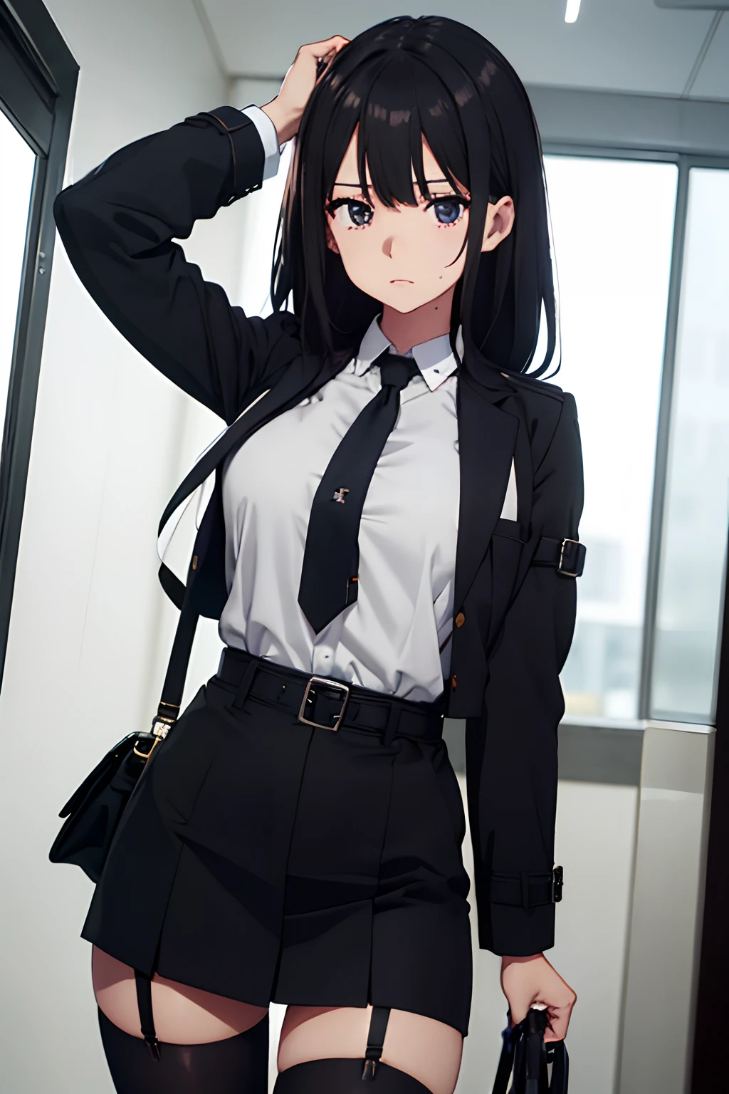 Suit,Collared shirt,Belt bag,Suspenders Black Miniskirt　garterbelts　knee high　Stockings　Black Niso　Colorcon armpit sweat　perspiring　Side of both hands,Black jacket,Gaze,ample bosom,Armpit sweat,Exposing the armpits"Tight clothes、Cuffed、Wristband Bangs Center Parted　masks