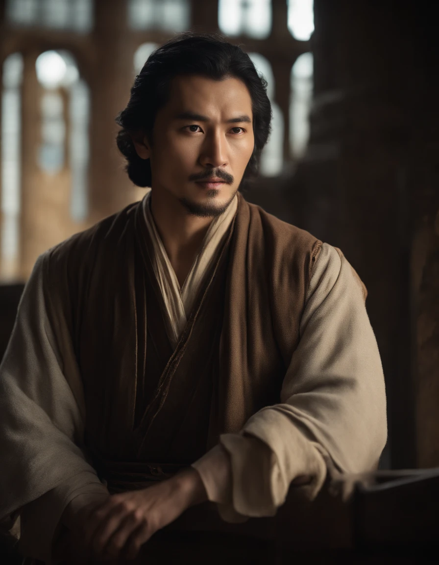 movie portrait, Upper body, Face, Facing the audience, (reality :1.3), One of the most beautiful works of art in the world, A man looks into the camera, Medieval costumes, (Damage and weathering of old clothes :1.4), Detailed beautiful face, Action Shooter, Background of the ancient city, Realistic Photos, nffsw, Art Station、A Japanese style