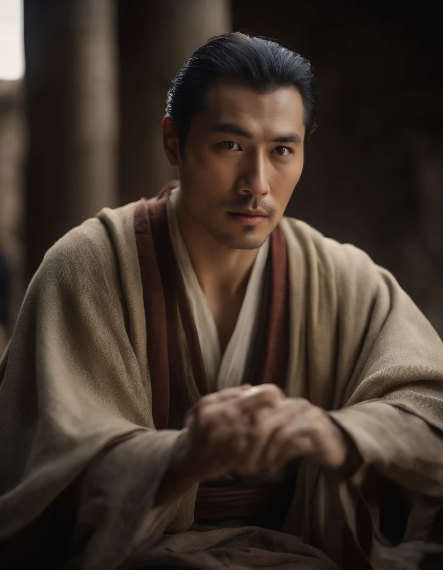 movie portrait, Upper body, Face, Facing the audience, (reality :1.3), One of the most beautiful works of art in the world, A man looks into the camera, Medieval costumes, (Damage and weathering of old clothes :1.4), Detailed beautiful face, Action Shooter, Background of the ancient city, Realistic Photos, nffsw, Art Station、A Japanese style