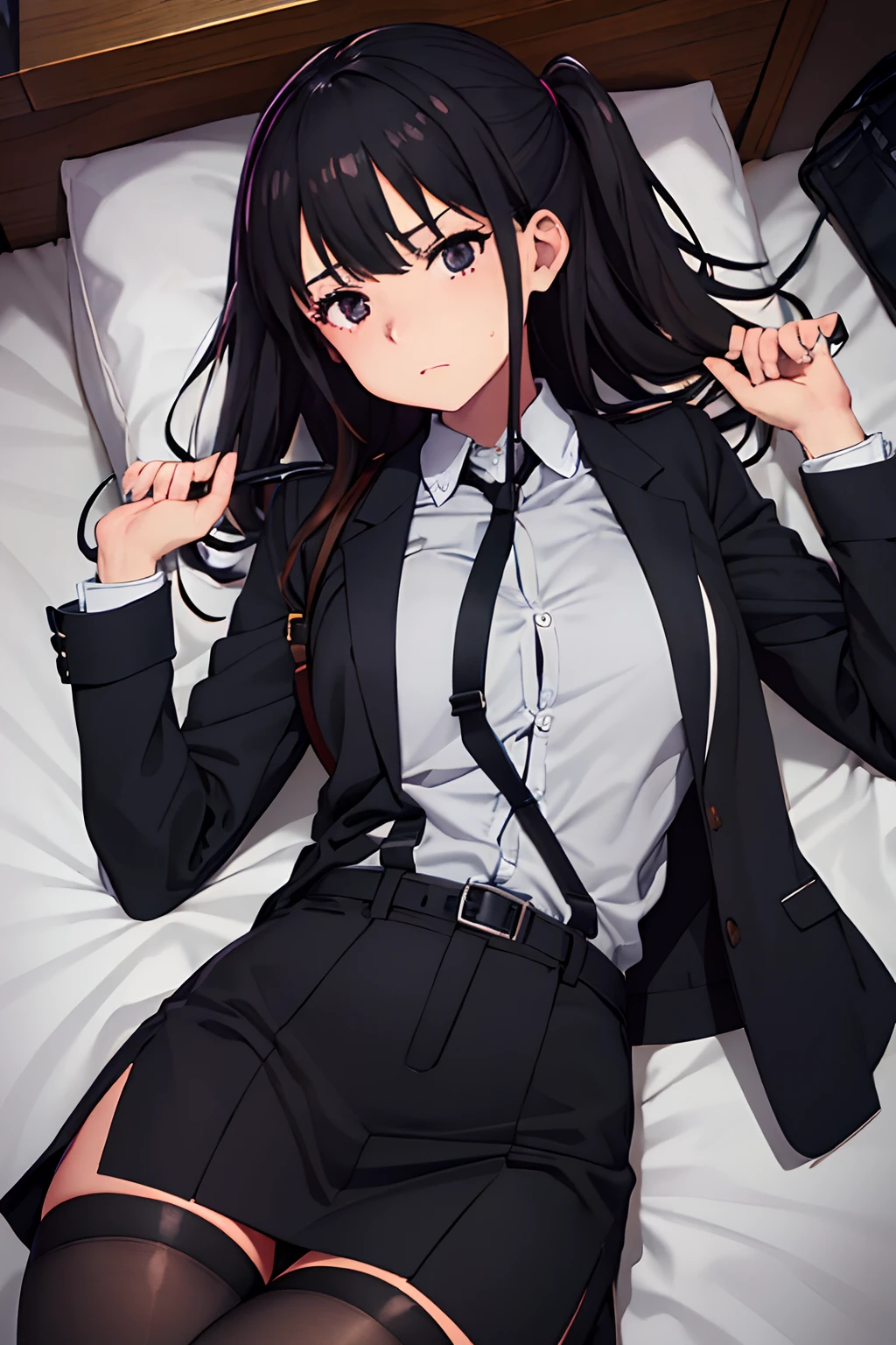 Suit,Collared shirt,Belt bag,Suspenders Black Miniskirt garterbelts knee high Stockings Black Niso Colorcon armpit sweat perspiring Side of both hands,Black jacket,Gaze,ample bosom,Armpit sweat,Exposing the armpits"Tight clothes、Raise your hands、wristbands Lying in bed Behind the back
