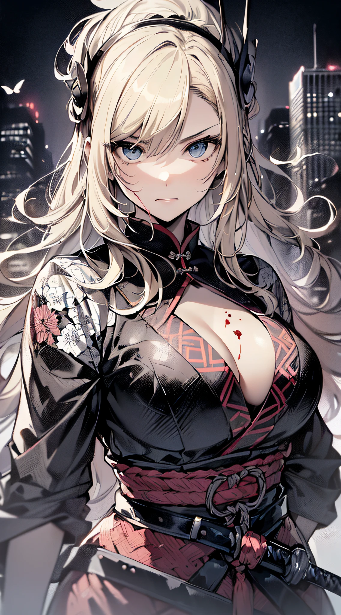 top-quality、Top image quality、masterpiece、girl with((cute little、18year old、Best Bust、Medium bust、Bust 85,Beautiful blue eyes、Breasts wide open,Blonde long hair、A slender、Black Samurai Costume、Murderous face,Holding a Japan sword with both hands、Fluttering hair、black and white color scheme、fighting poses、Blood returned to the sword、Whole body return blood))hiquality、Beautiful Art、Background with((Black and white world、New York City)),masutepiece、Elaborate design、visualart、depth of fields、The best lighting、highestdetailed、8k,、A short distance away、Art of Kurosawa World