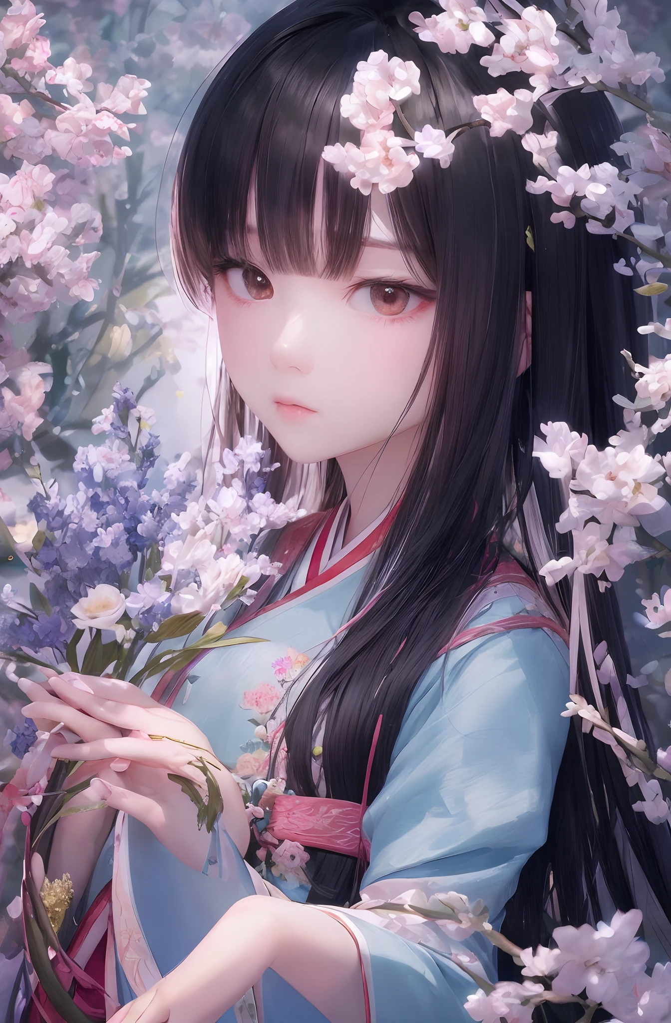 Daoism，Close-up of a woman in a pink shirt and blue dress，a girl in hanfu，Inspired by Qiu Ying，inspired by Gu An，Inspired by Zhang Yan，Xianxia，Inspired by Tang Yifen，ruan jia beautiful！，xianxia fantasy，Inspired by the legend of Sword and Fairy Zixuan