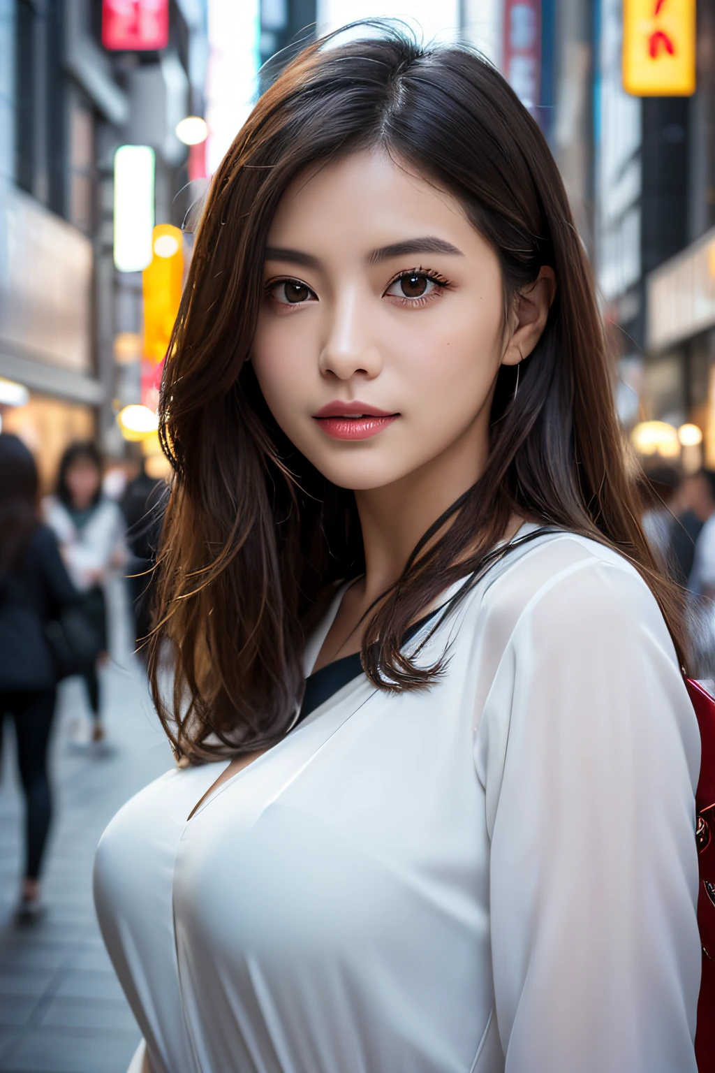 1womanl、hyperdetailed face、Detailed lips、A detailed eye、二重まぶた、ssmile、Colorful silk blouse、large full breasts、The upper part of the body、a closeup、Ginza Street in Tokyo、early evening、A city scape、depth of fields、8K、Raw photography、top-quality、​masterpiece、realisitic、Photorealsitic、