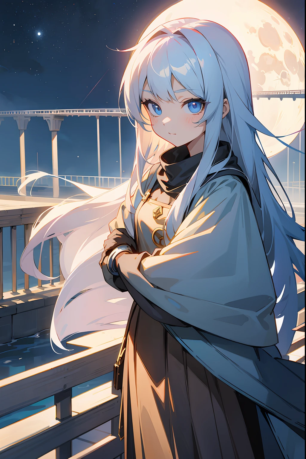 Moon surface, metal bridge, anime girl with white long developing hair looking at the bridge