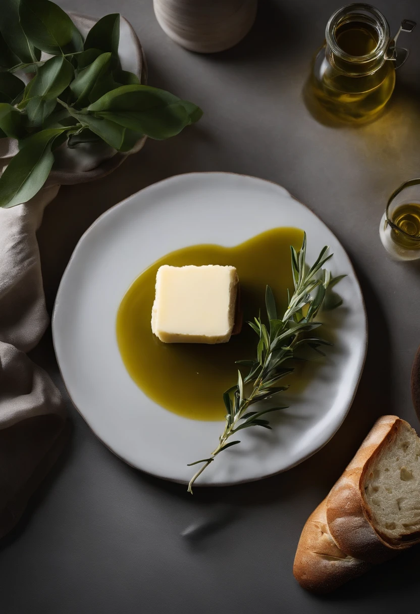 There was a small plate of butter on the table，A couple of loaves of bread, A bottle of oil， fork，Garnish with a little green olive leaves，high quality food photography, styled food photography, food styling, professional food photography, close up food photography, Food photography, Ingredients on the table, food commercial 4 k，Dark still life photography，