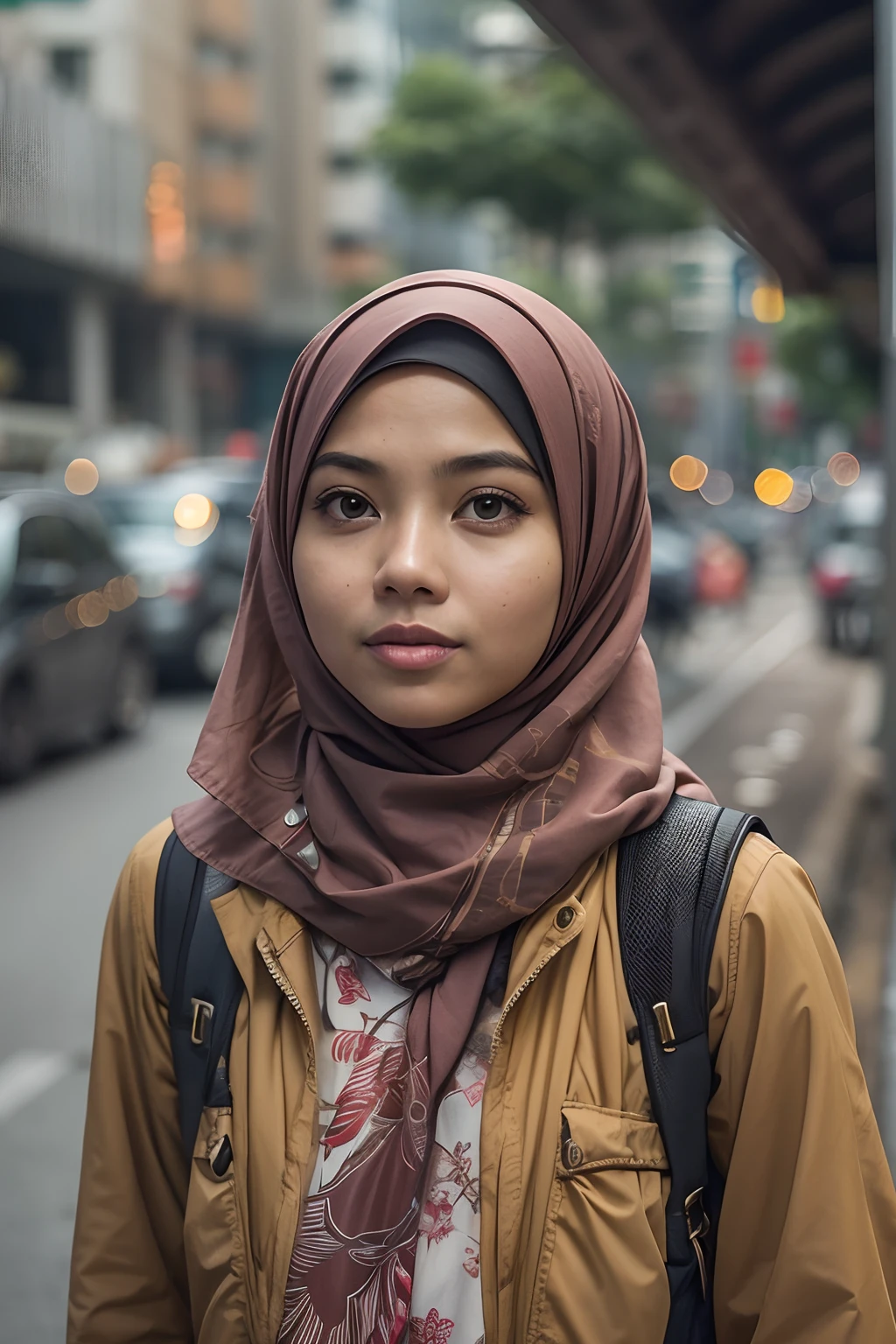 Pastel color with delicate flower printed hijab Indonesian-Arabic Adult WOman, realistic background, non model shot, unblurred people in background