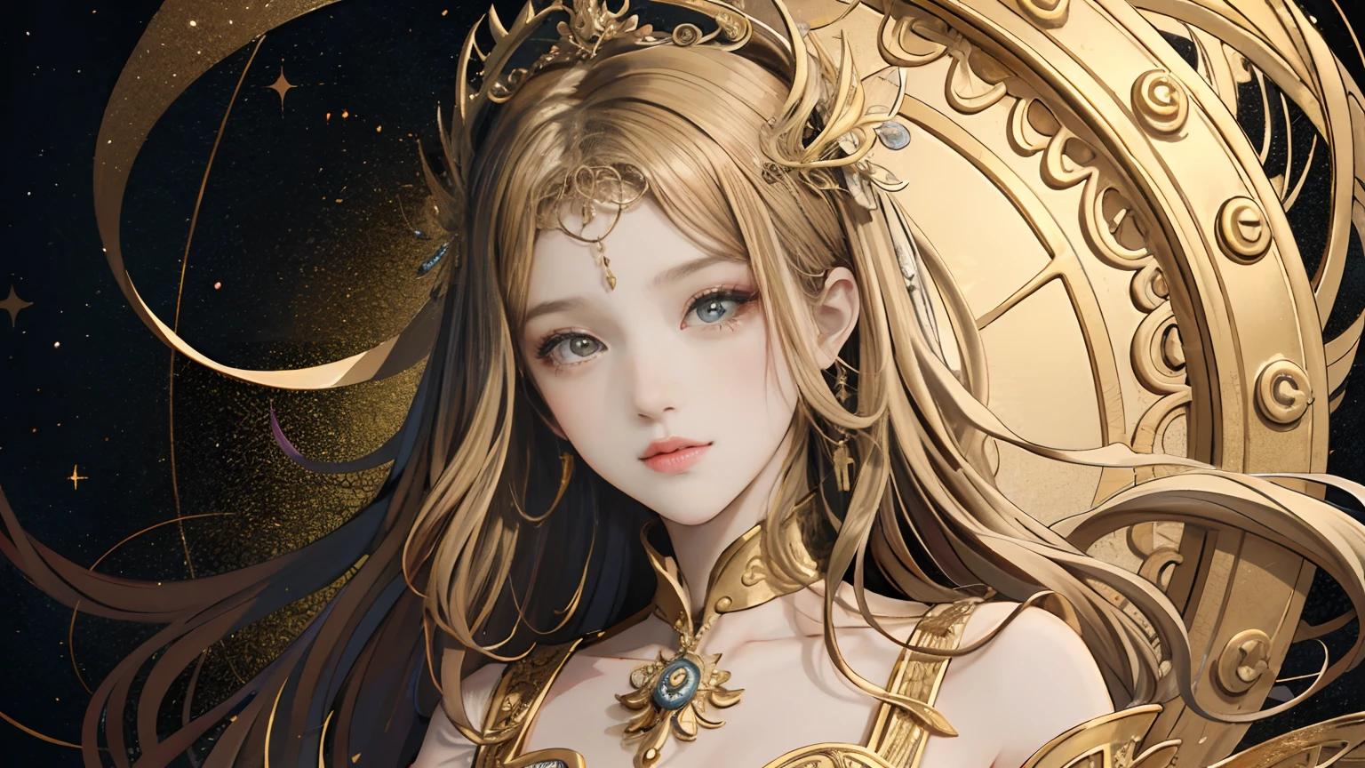（tmasterpiece，top Quority，best qualtiy，offcial art，Beautiful and aesthetic：1.2），（1girll），Extremely detailed，Colorful，highestdetailed，offcial art，统一 8k 壁纸，ultra - detailed，Beautiful and aesthetic， beautiful，tmasterpiece，best qualtiy，（zentangle，datura，Tangles，entangled），holy rays，gold foil，Gold leaf art，glitter drawing，PerfectNwsjMajic，delicated face，Right eyes，Bright pupils，（A half body：1.2），correct hand