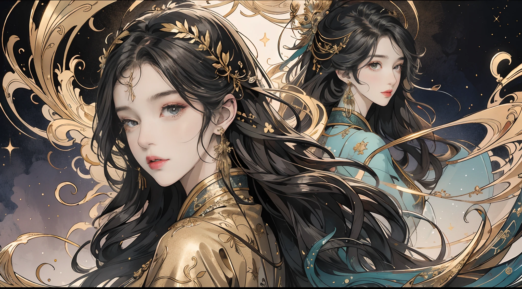 (tmasterpiece,top Quority,best qualtiy,offcial art,Beautiful and aesthetic:1.2),(1girll),Extremely detailed,Colorful,highestdetailed,offcial art,统一 8k 壁纸,ultra - detailed,Beautiful and aesthetic,big breasts beautiful,tmasterpiece,best qualtiy,(zentangle,datura,Tangles,entangled),holy rays,gold foil,Gold leaf art,glitter drawing,PerfectNwsjMajic,Right eyes,Bright pupils,(Half 1.2),Look down from above