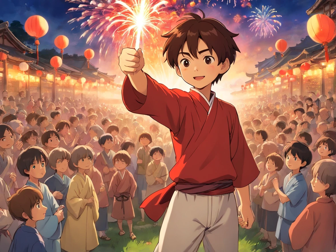 on a field,The crowd cheered for the boy,Clap your palms。They were impressed by the boy's courage and ingenuity,They came up to congratulate him on his success。The boy stands in the center,No longer a boy,He became a hero to the entire village。(Young red Zhuang costume boy(Positive perspective,rejoice),Stand in the middle of the crowd,Grab the fireworks with your right hand held high。)