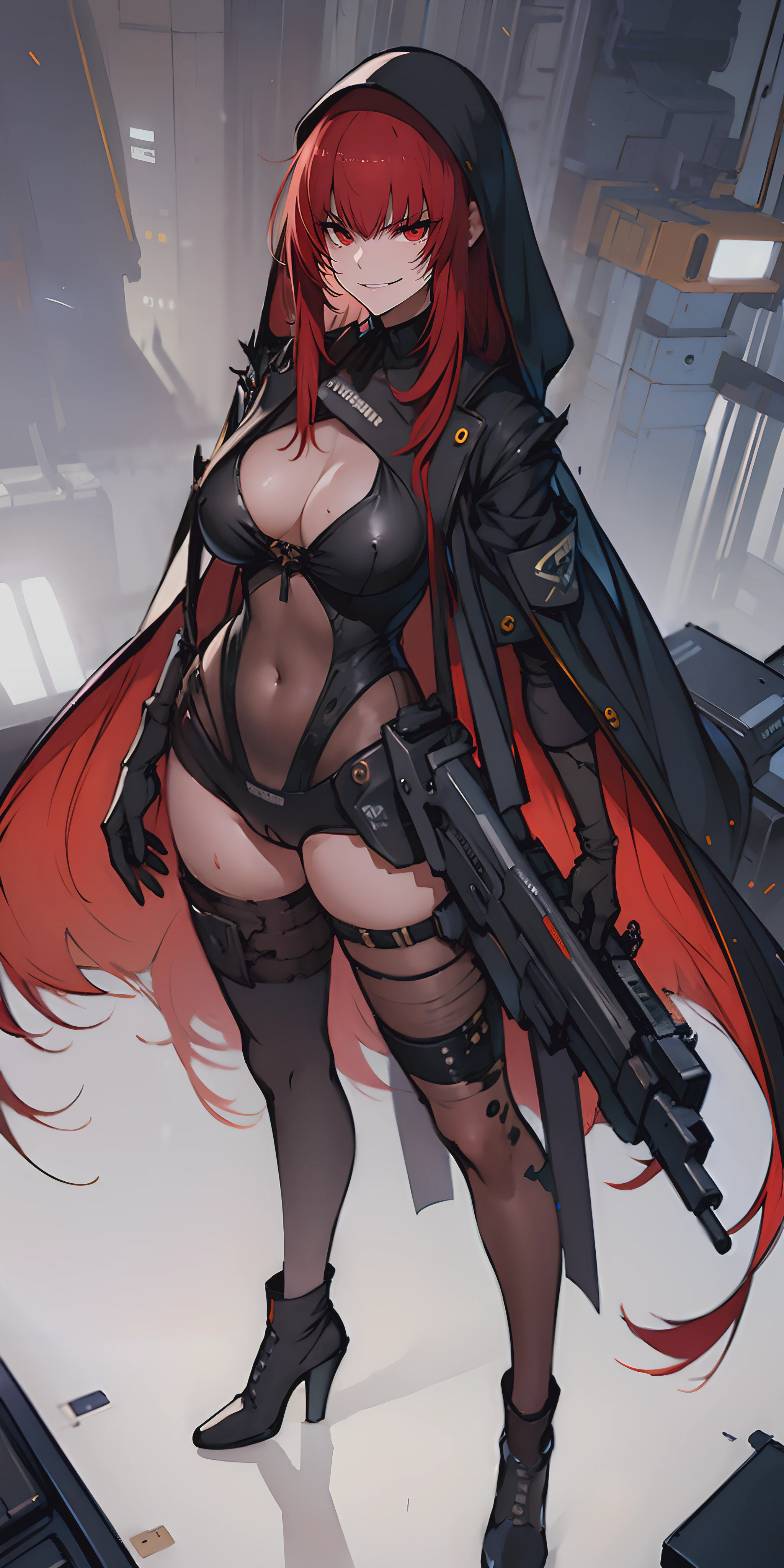 (long hair, red hair:1.6), black hairband, epic art, fantasy, torn_clothes, 1girl, torn_legwear, breasts, leotard, looking_at_viewer, solo, smile, hood, standing, large_breasts, covered_navel, hood_up, full_body, cloak, gloves, black_leotard, bodysuit, boots, black_footwear, pantyhose, navel, glowing, high_heels, long_hair, science_fiction, bodystocking, nsfw art, nsfw, "Photorealistic, Hyperrealistic, Hyperdetailed, analog style, soft lighting, subsurface scattering, realistic, heavy shadow, masterpiece, best quality, ultra realistic, 8k, golden ratio, Intricate, High Detail, film photography, soft focus", anime coloring, anime screencap, sweating, steaming body, fog